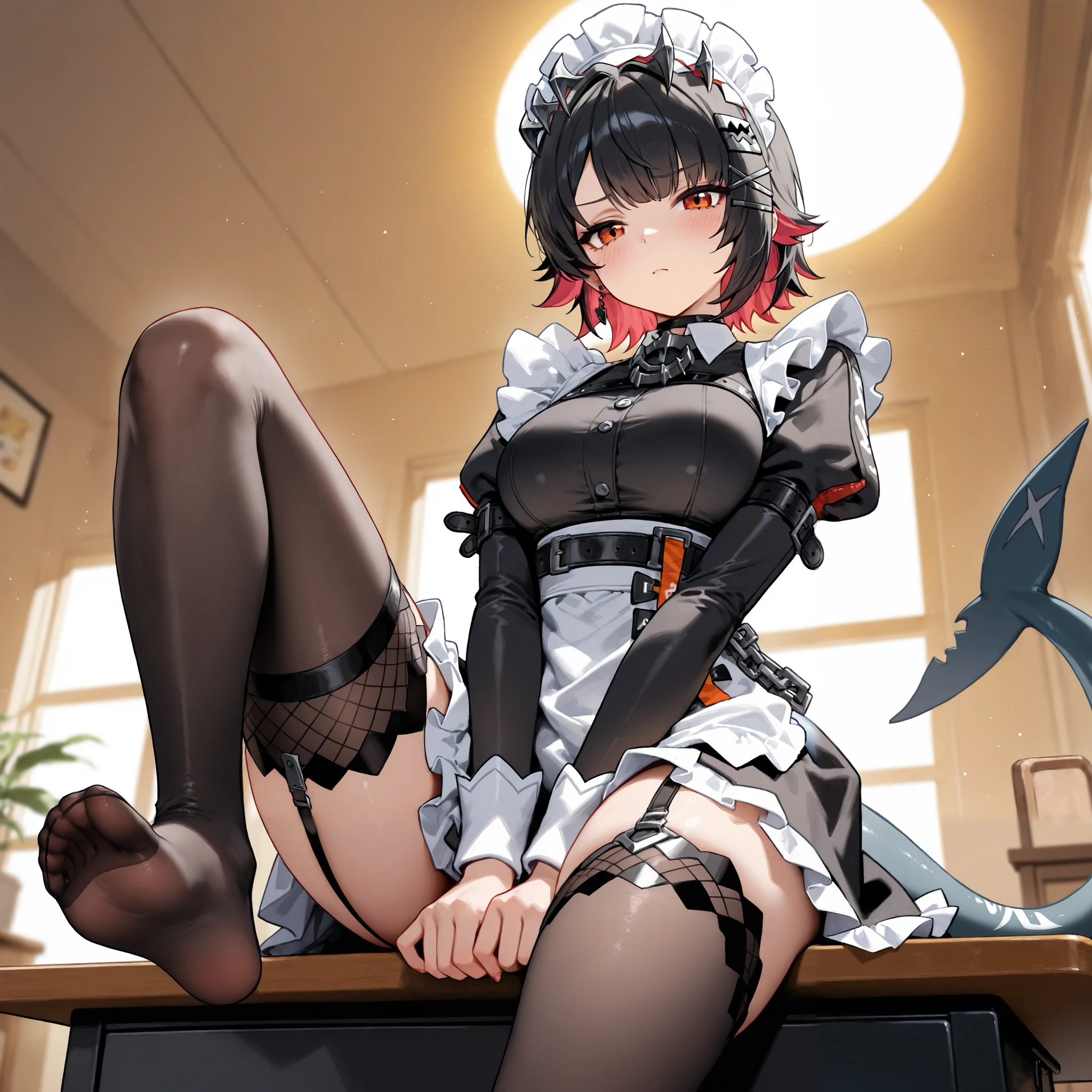 (zenless zone zero), \(ellen joe\), shark tail, from below, cowboy shot, knee up, sole, hands between legs, very cute face, maid costume, cool girl, Disgustful expression, headdresses, apron, sitting on desk, (best quality,4k,8k,highres,masterpiece:1.2),ultra-detailed,intricate details, high fashion, dramatic lighting, warm colors, chiaroscuro