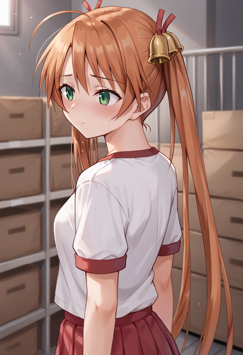 kagurazaka asuna, ahoge, twintails, hair bell, green eyes, red school gym uniform, red brown, storehouse, sad,  rape