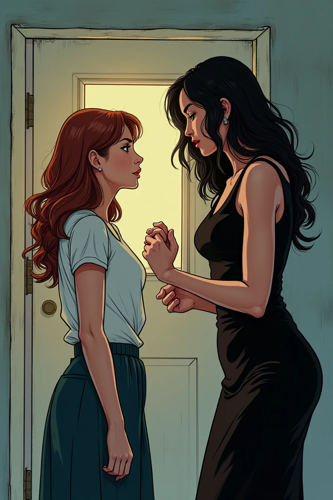 Mulher ruiva com seios grandes, rabo de cavalo, camisa vermelha, denim trousers, casual scenario she is leaning on something, a speech balloon, perfect eyes, perfect hands