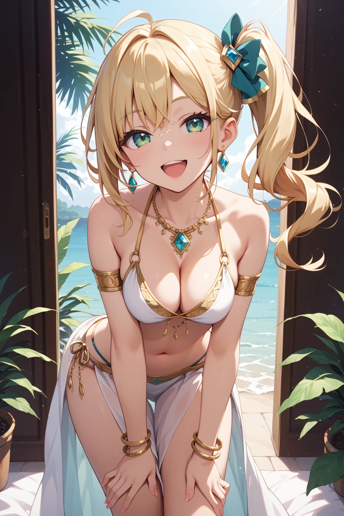 masterpiece, best quality, 1 solo girl, blonde hair, blue eyes, long hair, medium breasts, sexy body and face, wavy hair, smile, white bikini, pendant, bracelet, jewelry, earrings, feather hair ornament, ball, lying at the sand, summer, sexy pose, cowboy shots, detailed body, face, and eyes, sharp focus, vibrant, creative, dynamic, high definition, high resolution, 8k, (Upscale: R-ESRGAN 4x+ Anime6mage enchance:4x), voluptuous body, cinema lightning, dakimakura style, looking at the viewer, ponytail