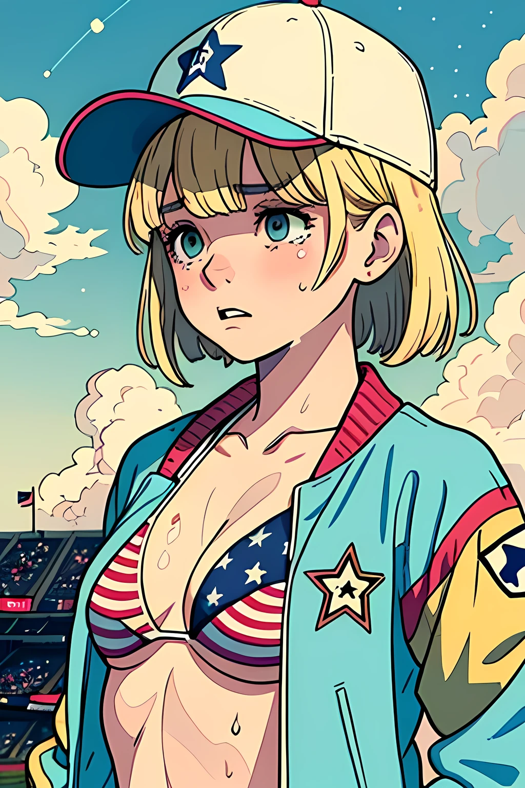 best quality, masterpiece, 1 girl, (faded colors:1.4), (upper body:1.5), sobbing, (blonde medium hair with bangs:1.2), small breast, (stars and stripes bikini with baseball jacket:1.2), wearing a baseball cap pulled down, hands down, she is sweating a lot, baseball stadium at daytime, ((clouds, midsummer))