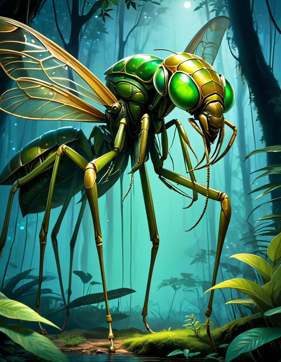 A large insectoid creature with four long legs and a body similar in shape to a mantis. Its elongated form is covered in fine hairs, with insect-like compound eyes and long, delicate wings. The creature measures approximately 1.3 meters in length and has a color palette of light brown and green, blending into its natural surroundings. It is depicted in a dense jungle at night, surrounded by towering trees and thick foliage. The creature is shown feeding on a smaller animal, adding a sense of predatory realism to the scene. The atmosphere is dark, with faint moonlight filtering through the canopy, creating an eerie and mysterious mood.