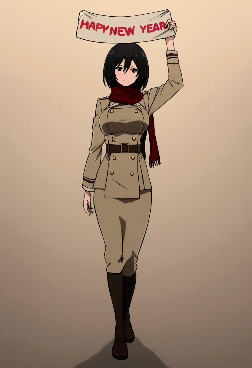 Mikasa Ackerman, high res, full body, holding a Happy New year sign over her head, smiling, manga style, prominent breasts, wearing the uniform she uses on the anime