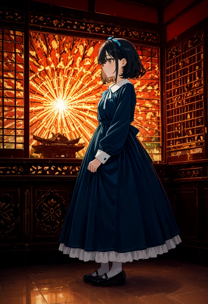 (Masterpiece: 1.1), (Best Quality, Ultra Resolution: 1.0), (8K Resolution: 1.2), (Photorealistic, Ultra Detail, Clear Focus 1:0), (Original Photo, Lighting: 1:1), detailed reflecting eyes by professional digital painting, beautiful pretty cute small face, 1girl, Chinoiserie long Dress, black Midi Frill Petticoat, Ribbon Bijoux hairband, Jacquard Separate Pumps