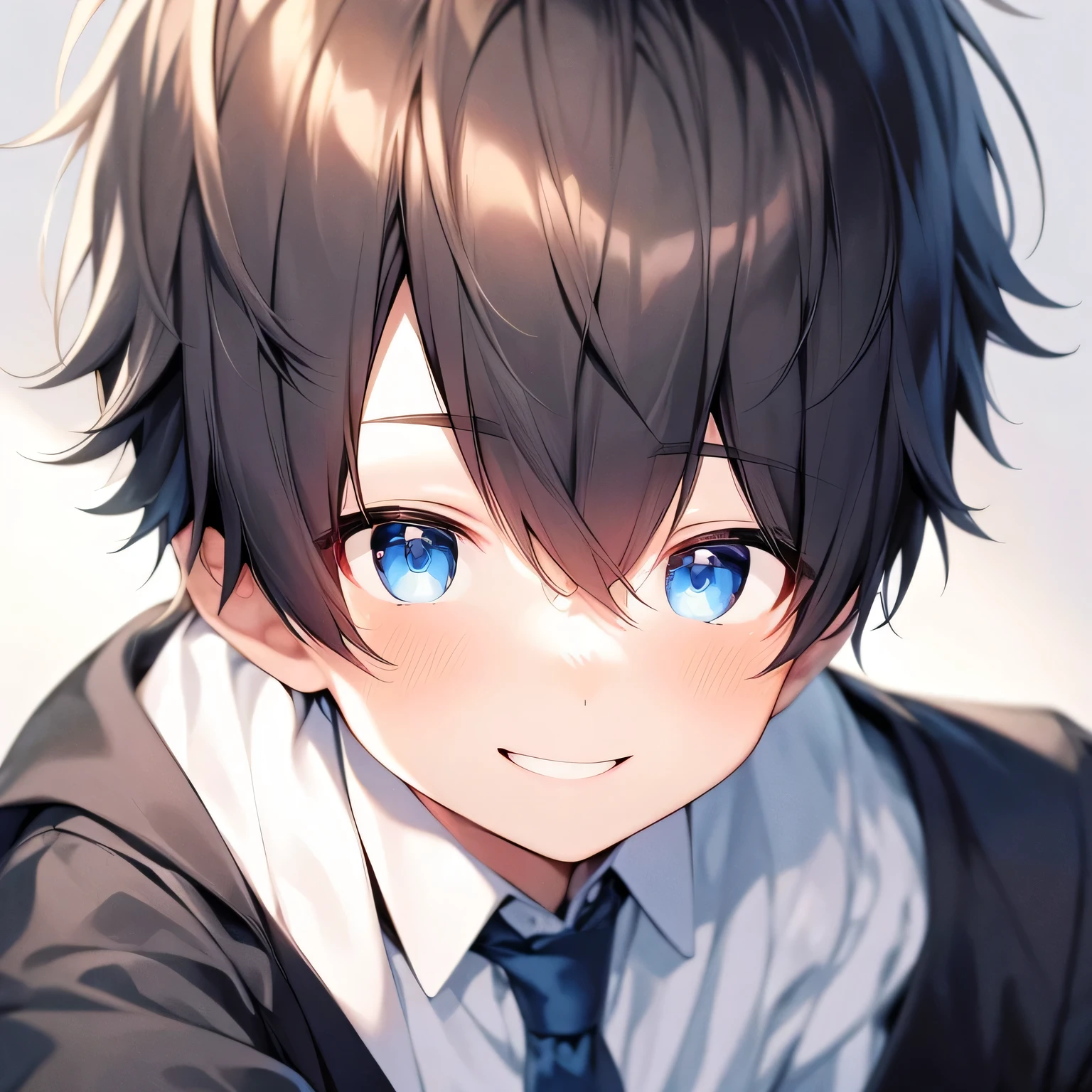 Highres, (Masterpiece), Best quality at best, Best Quality, hight quality, hight detailed, (1boy), solo, Shota, black hair, short hair, blue eyes, smiling, black business suit, blue tie, light skyblue Simple beckground, Little sweat