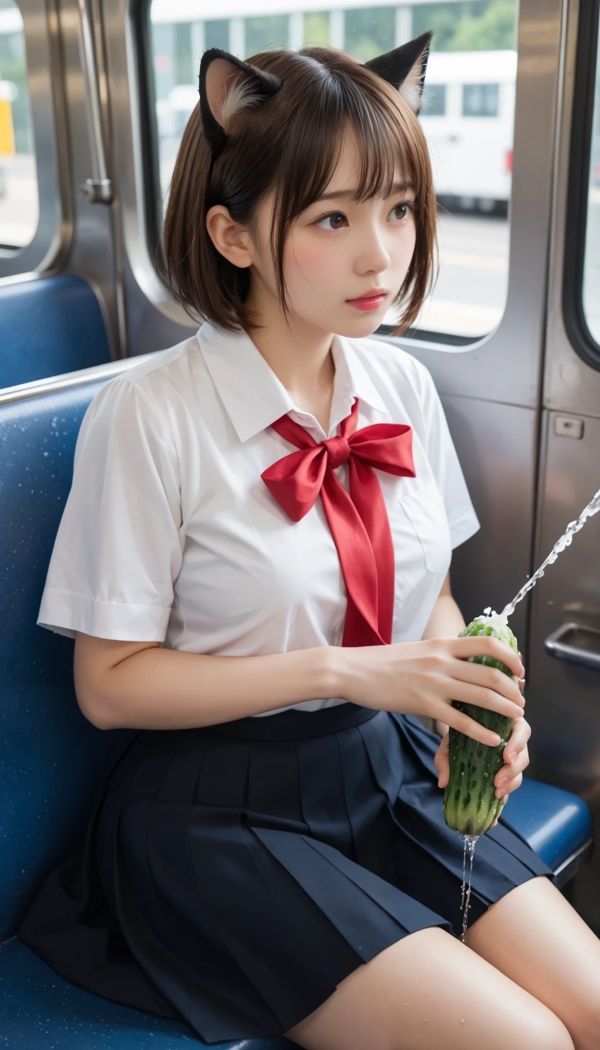 loafers in white, in train, head back, side head, Cat-Eared Girl, short hair, brown eyes, (Japanese Gal), (plain Japanese face ), (hand job, grab green penis:1), licking green penis, ejaculate lot of cum, highly detailed skin, best quality, super detailed face, vibrant colors, (Curvaceous body), one girl, Alone, shy and cry and (angry:0.1) and hot and confused, Brown Hair, skirt, white blouse, a red ribbon, sit on train seat, wet seat, beautiful thighs, (embarrassing), cat pose, Shiny thighs, wet micro panties, close up (love juice, pussy juice:1.1),
