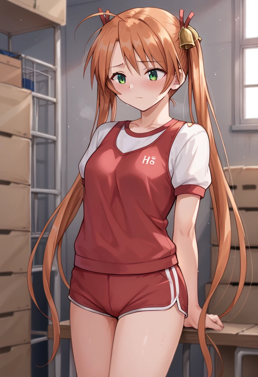 kagurazaka asuna, ahoge, twintails, hair bell, green eyes, red school gym uniform, red shorts, storehouse, sad,  rape