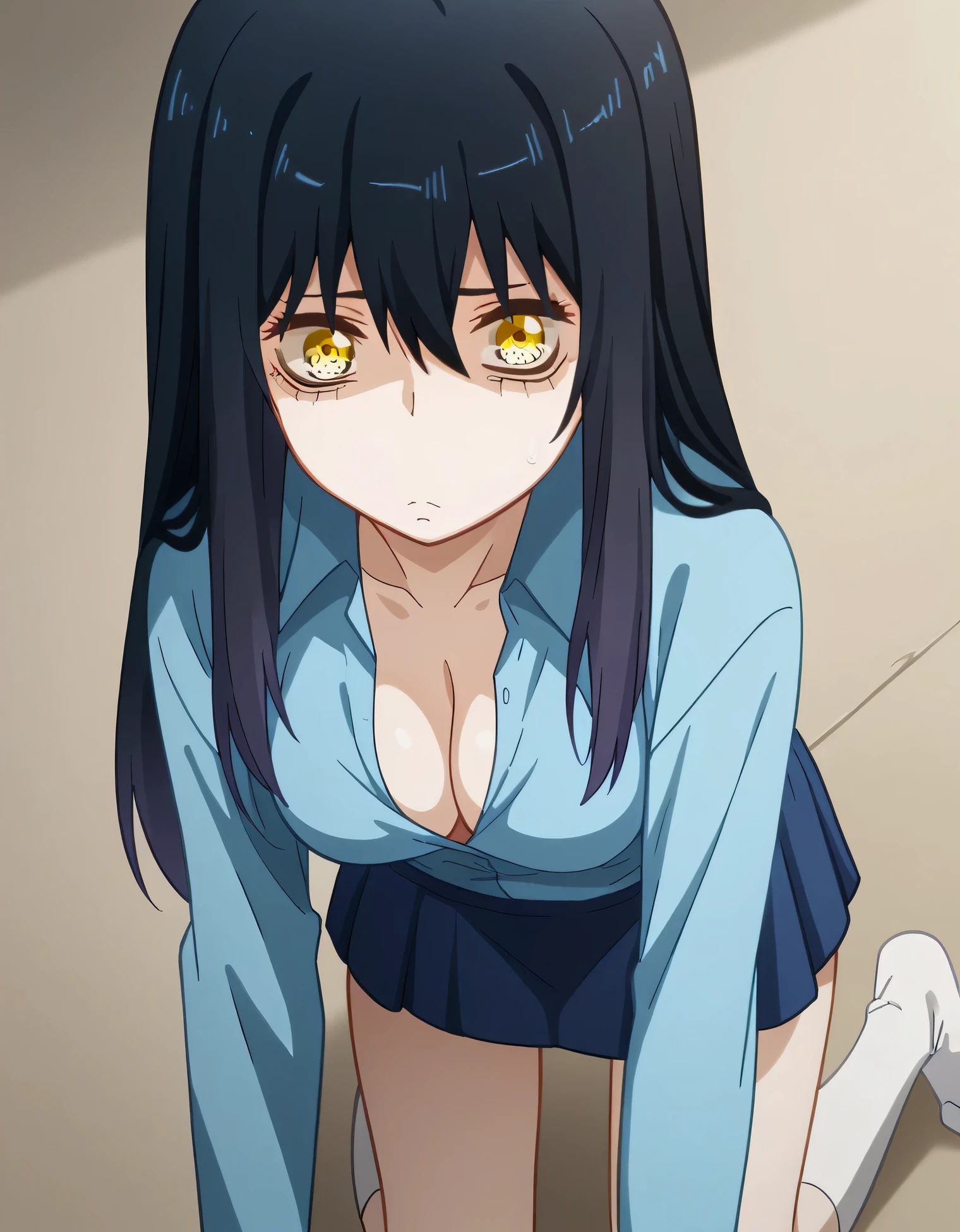 masterpiece, ((( top quality , perfect anatomy))), ( cowboy shot , bright , break
((( crawling on all fours , shirt is exposed, cleavage visible :1.3, Dutch angle shot , the above, Focus on breasts,))) embarrassed face , break miko yotsuya, long hair, bangs, black hair, hair between eyes , yellow eyes, medium breasts , break skirt, shirt, thigh-length socks, shoulder out, detach blue sleeve , white thigh-length socks, blue skirt, opened blue shirt:1.2, cloth with green ribbon removed , break looking at the viewer,