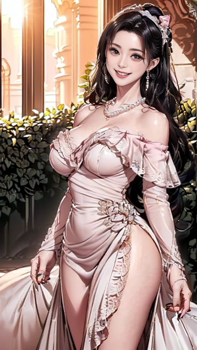 (masterpiece, best quality, highres, ultra-detailed),(beautiful and aesthetic:1.2), 1woman, adult woman, black wavy hair, green eyes, languid, delicate face,(slight smile:0.8), detailed eyes and face, perfect body, full body, red lips, beautiful make-up, pastel pink tiered tulle gown with a sweetheart neckline and a sequined bodice, accented by a sultry backless design.