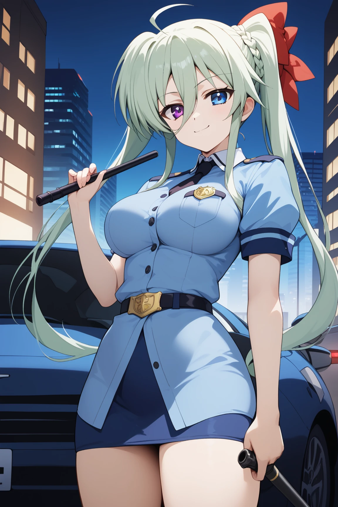 masterpiece,best quality,{{detailed beautiful face and eyes}}, 
Einhard Stratos,long hair,green hair,twintails,red hair ribbon,ahoge,hair between eyes,braided bangs,heterochromia,purple eyes,blue eyes,large breasts,
blue police officer,dark blue miniskirt,
1girl,(is smug:1.0),
 ((standing next to a police car,have a black baton,cowboy shot,looking at viewer:1.2)), 
(city,night:1.0),clothed