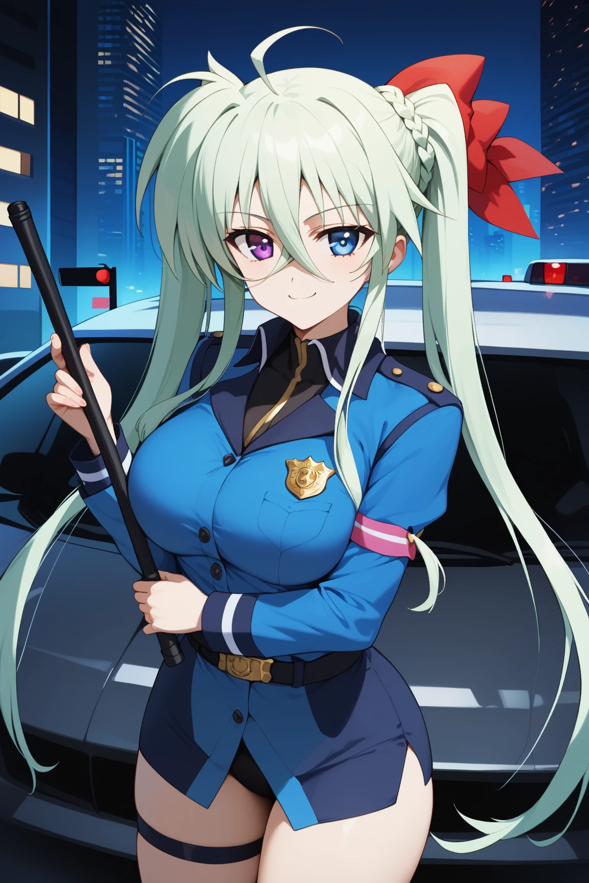 masterpiece,best quality,{{detailed beautiful face and eyes}}, 
Einhard Stratos,long hair,green hair,twintails,red hair ribbon,ahoge,hair between eyes,braided bangs,heterochromia,purple eyes,blue eyes,large breasts,
blue police officer,dark blue miniskirt,
1girl,(is smug:1.0),
 ((standing next to a police car,have a black baton,cowboy shot,looking at viewer:1.2)), 
(city,night:1.0),clothed