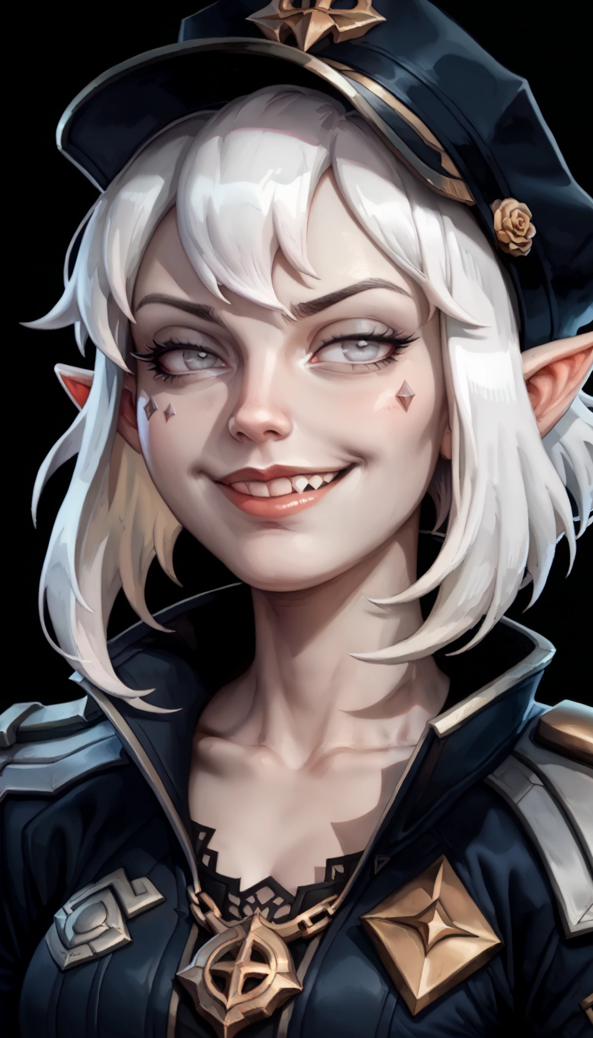 one woman, briar from league of legends, (pale skin, grey skin:1.3), pointy ears, sharp teeth, (pale eyes:1.2), white hair, straight bangs, (upper body:1.3), (black background, clear background:1.5), (black military jacket:1.2), (studio lights, deep shadows:1.3), (smug face:1.2), (big chest:1.2)