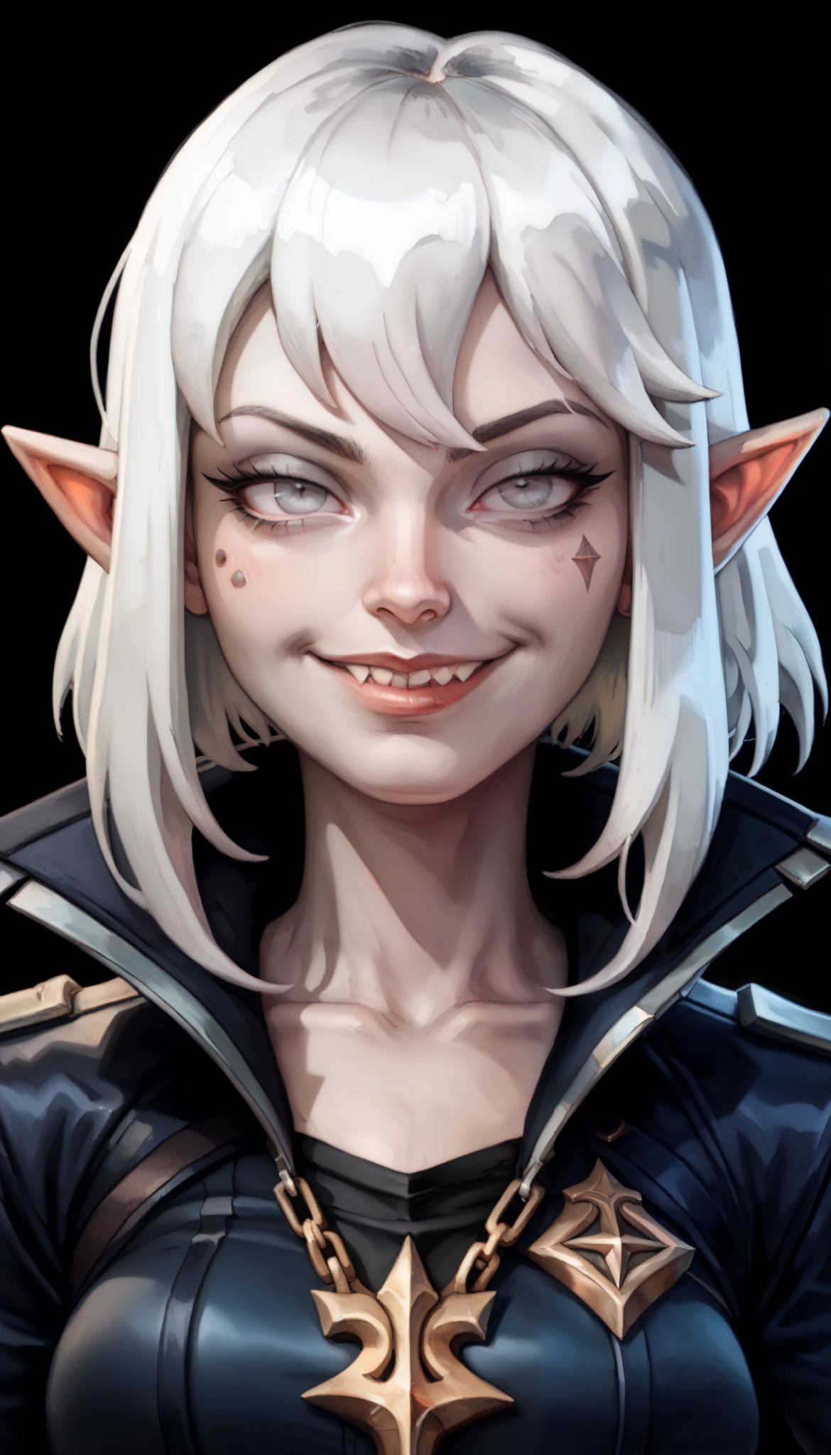 one woman, briar from league of legends, (pale skin, grey skin:1.3), pointy ears, sharp teeth, (pale eyes:1.2), white hair, straight bangs, (upper body:1.3), (black background, clear background:1.5), (black military jacket:1.2), (studio lights, deep shadows:1.3), (smug face:1.2), (big chest:1.2)