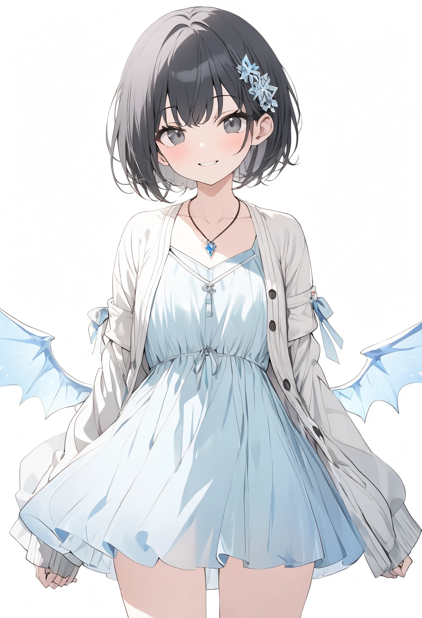 {{masterpiece、 Attention to Details , perfect eyes}}、((White background,from front,  cowboy shot ))、18 years old、 One Girl 、 black hair、pixie cut、 black eyes、(White open cardigan、Light blue chiffon dress、 hair ornament、pendant)smile、arms behind back、