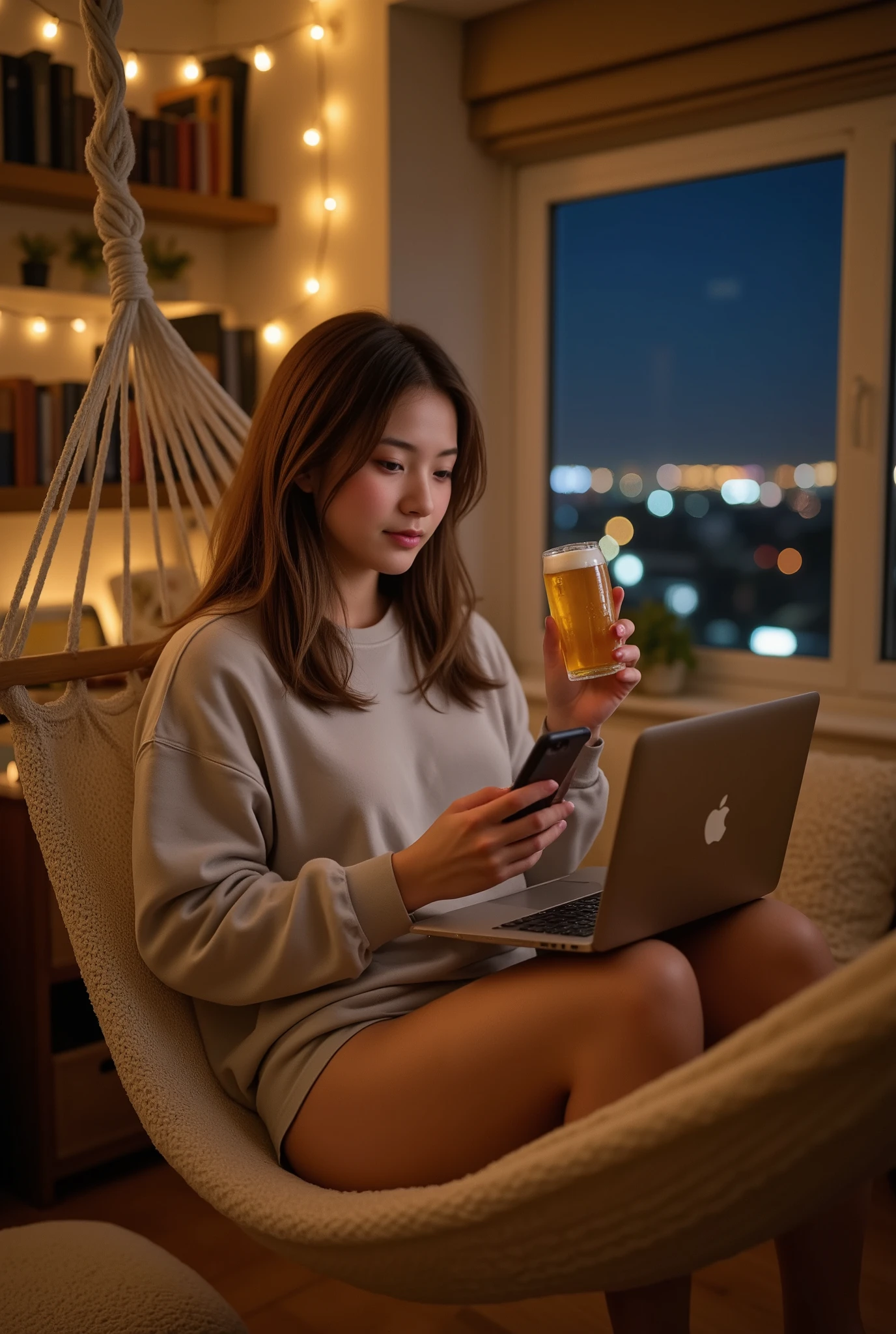 In a cozy and softly lit bedroom, a beautiful girl sits comfortably in a hammock strung between two walls. She has a small, sleek laptop balanced on her lap, its screen glowing softly. In her right hand, she holds an opened can of beer, condensation dripping down its sides, while her left hand operates an iPhone with practiced ease. Her cheeks are flushed a soft pink, hinting at excitement or perhaps the effect of the drink. Her long, slightly wavy hair cascades over her shoulders, and she wears a casual yet stylish outfit—a loose, oversized hoodie and snug shorts, highlighting a relaxed vibe. The hammock sways gently, surrounded by the warmth of the room, which is adorned with fairy lights, bookshelves filled with novels, and scattered cushions. Outside the window, a faint cityscape glimmers in the night, adding to the serene yet lively mood of the scene. The focus remains on her expression, a mix of youthful excitement and absorbed concentration as she interacts with her phone while multitasking effortlessly.