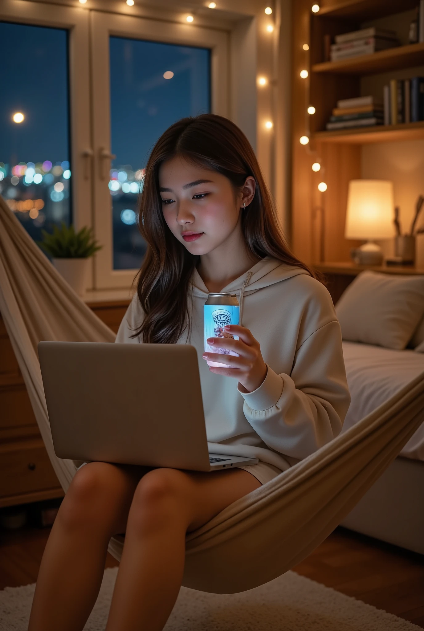 In a cozy and softly lit bedroom, a beautiful teenage girl sits comfortably in a hammock strung between two walls. She has a small, sleek laptop balanced on her lap, its screen glowing softly. In her right hand, she holds an opened can of beer, condensation dripping down its sides, while her left hand operates an iPhone with practiced ease. Her cheeks are flushed a soft pink, hinting at excitement or perhaps the effect of the drink. Her long, slightly wavy hair cascades over her shoulders, and she wears a casual yet stylish outfit—a loose, oversized hoodie and snug shorts, highlighting a relaxed vibe. The hammock sways gently, surrounded by the warmth of the room, which is adorned with fairy lights, bookshelves filled with novels, and scattered cushions. Outside the window, a faint cityscape glimmers in the night, adding to the serene yet lively mood of the scene. The focus remains on her expression, a mix of youthful excitement and absorbed concentration as she interacts with her phone while multitasking effortlessly.