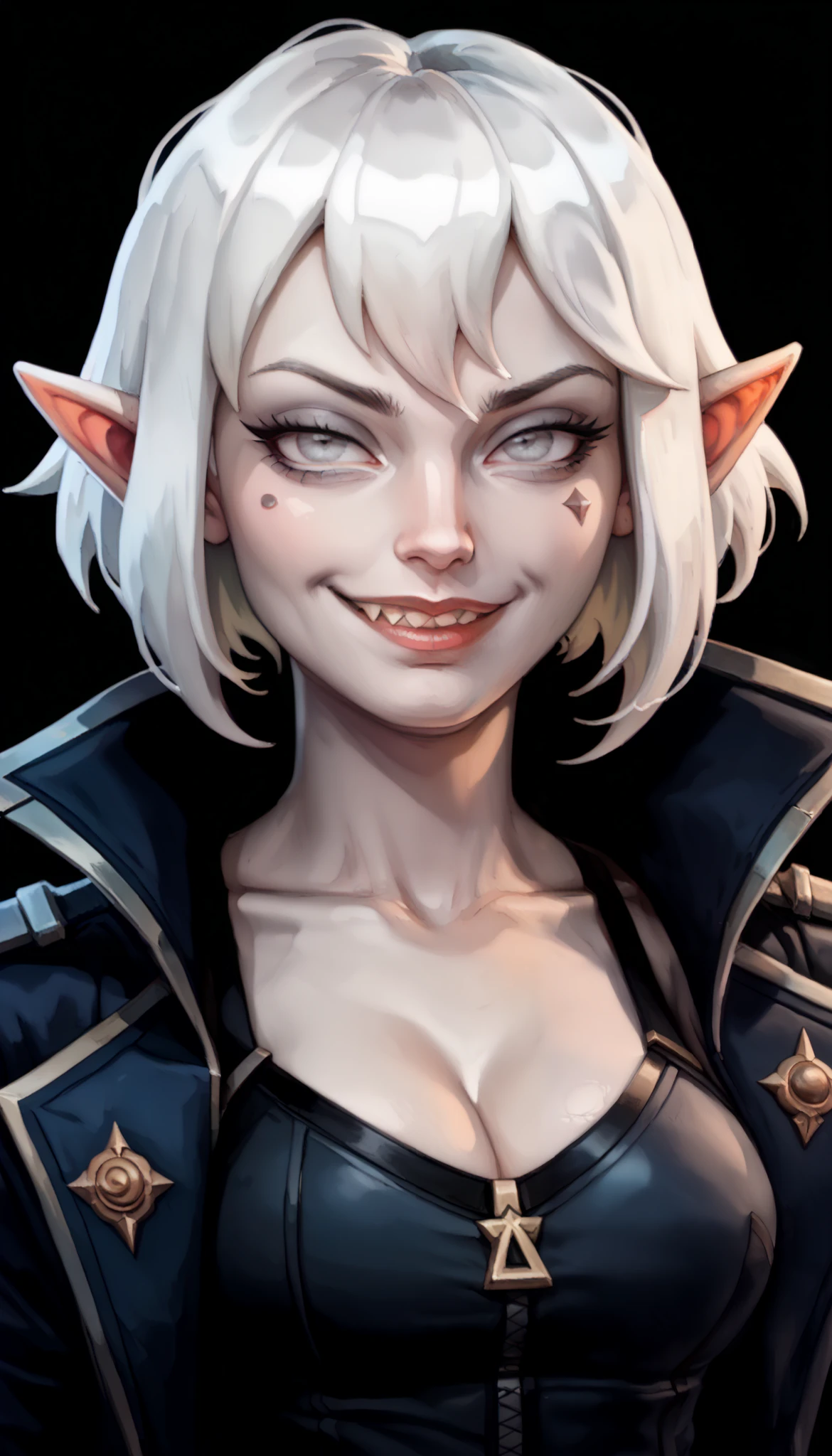 one woman, briar from league of legends, (pale skin, grey skin:1.3), pointy ears, sharp teeth, (pale eyes:1.2), white hair, straight bangs, (upper body:1.3), (black background, clear background:1.5), (black military jacket:1.2), (studio lights, deep shadows:1.3), (smug face:1.2), (big chest:1.2)