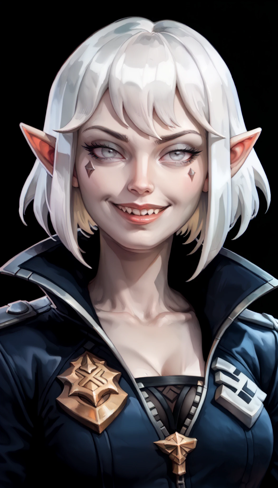one woman, briar from league of legends, (pale skin, grey skin:1.3), pointy ears, sharp teeth, (pale eyes:1.2), white hair, straight bangs, (upper body:1.3), (black background, clear background:1.5), (black military jacket:1.2), (studio lights, deep shadows:1.3), (smug face:1.2), (big chest:1.2)