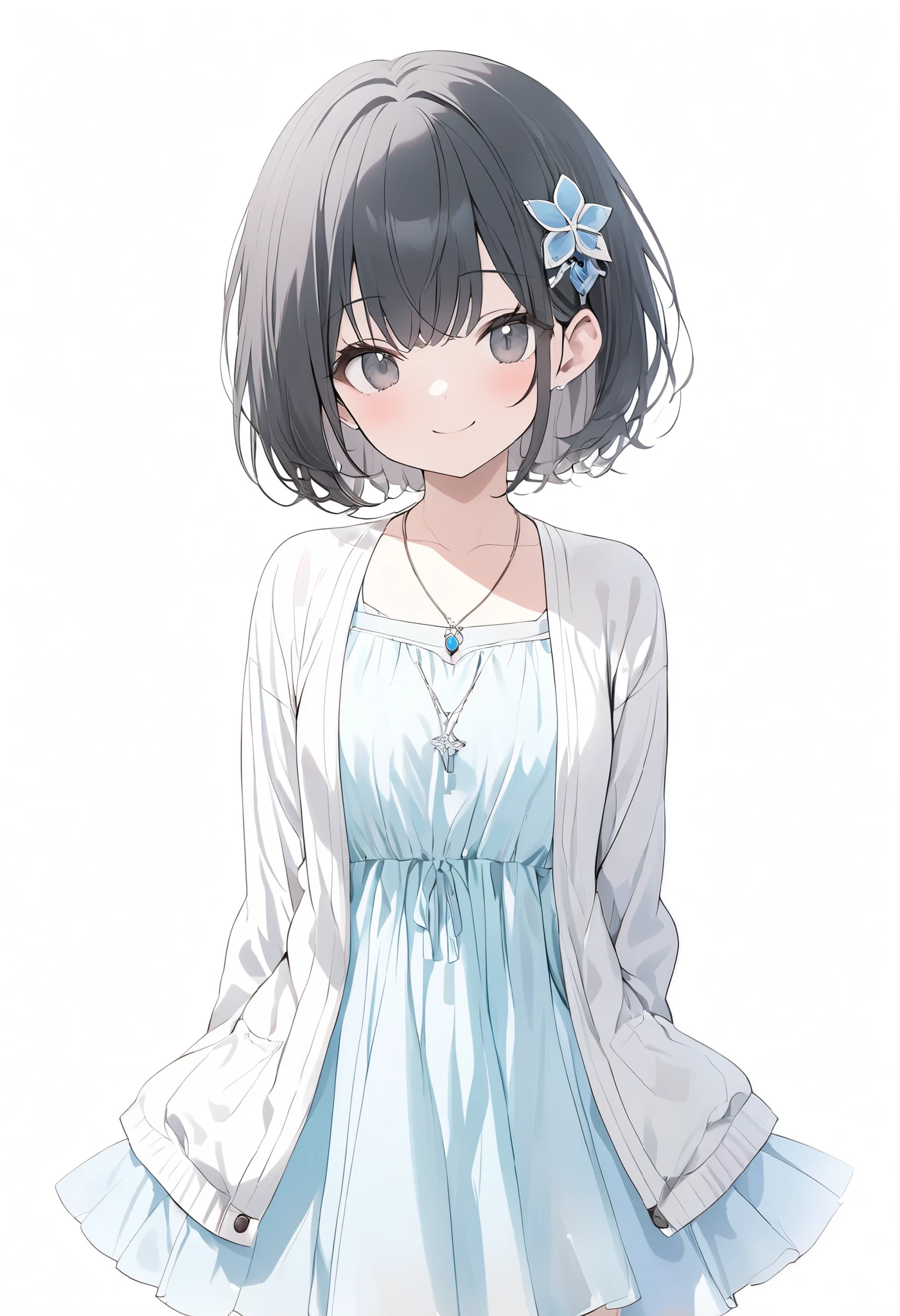 {{masterpiece、 Attention to Details , perfect eyes}}、((White background,from front, cowboy shot ))、18 years old、 One Girl 、 black hair、pixie cut、 black eyes、(White open cardigan、Light blue chiffon dress、 hair ornament、pendant)smile、arms behind back