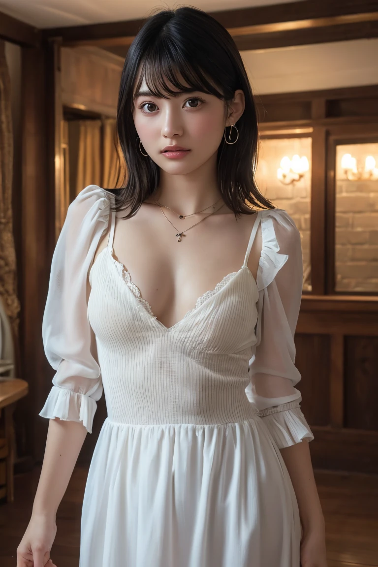 (Close-up:1.4)、(RAW shooting:1.2)、(photorealistic:1.4)、(masterpiece:1.3)、(highest quality:1.4)、solo、7 head and body、(slender and beautiful girl)、cute、(beautiful detailed eyes)、(charming big eyes)、(beautiful double eyelids)、(beautiful and detailed face)、(gentle smile:1.2)、(big breasts:1.2)、(cleavage)、(erect nipples:1.2)、(full body shot)、8K、(muste piece:1.2)、(short bob:1.3)、(Bangs Patsun)、(headdress、white blouse、black ribbon、ruffle skirt、puff sleeves、collar、choker、white apron with fine frills:1.3)、White Knee High Socks、black maid costume、(Sexy model pose with chest sticking out:1.3)、cowboy shot、view audience、(small butt)、(hide your hands)、(beautiful thighs)、cute系、(perfect anatomy:1.2)、ancient city、