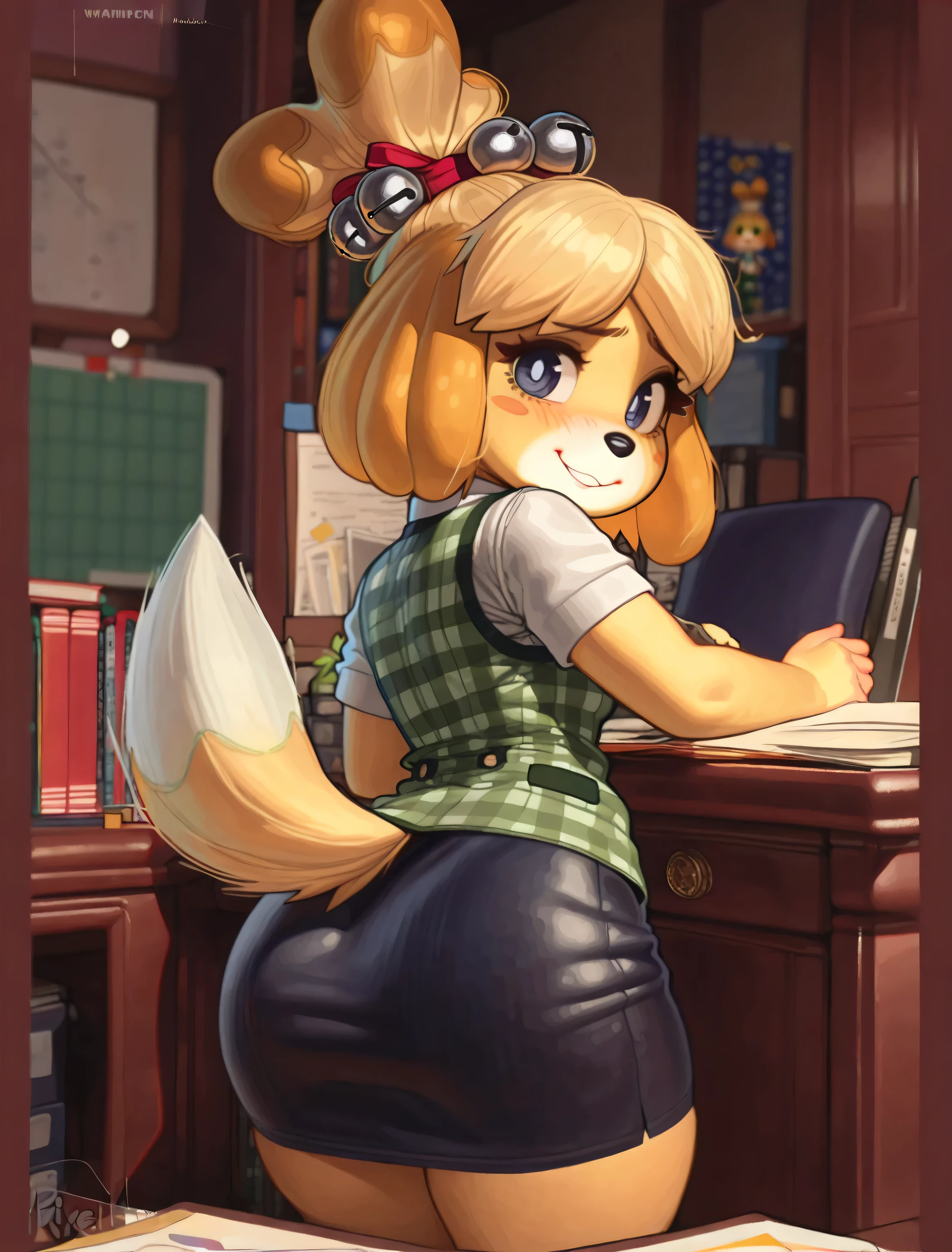 ((isabelle)), ((Animal Crossing)), ((Pixelsketcher)), ((wamudraws)), ((cartoon style)), ((masterpiece)), ((high resolution)), ((solo portrait)), {(attractive figure), (thick thighs), (hip pudge), (yellow fur), (black nose), (floppy ears), (fluffy tail), (cute blue eyes), (long eyelashes), (blonde hair), (bells in hair), (topknot), (shy smile)}, {(red ribbon in hair), (green plaid vest), (short navy blue pencil skirt)}, {(looking back at viewer)}, ((office))