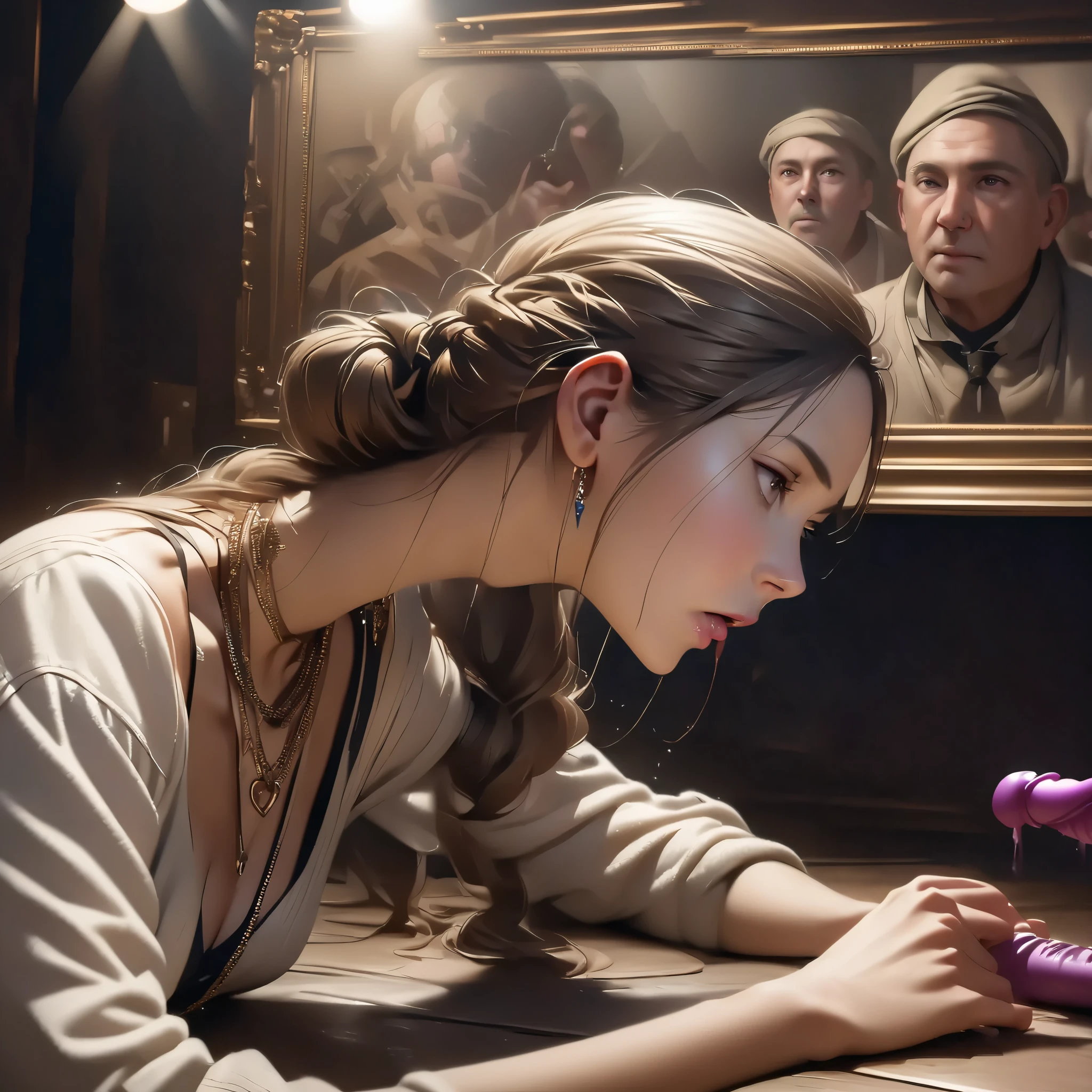 Sfw,, a woman wearing a necklace that says "Father's sweetheart " ,Dildo,deepthroat, realistic painting , high profile , 8k, movie lighting , angle at drama , Masterpiece