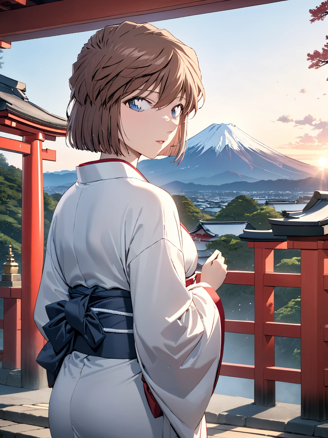 (Haibara Ai),  brown hair, Long-sleeved kimono, first visit of the year to a shrine, shrine, torii,  First Sunrise, Mount Fuji, masterpiece:1.5, masterpiece, highest quality, UHD, retina, masterpiece, accurate anatomy, super detailed, high quality, best quality, 8k