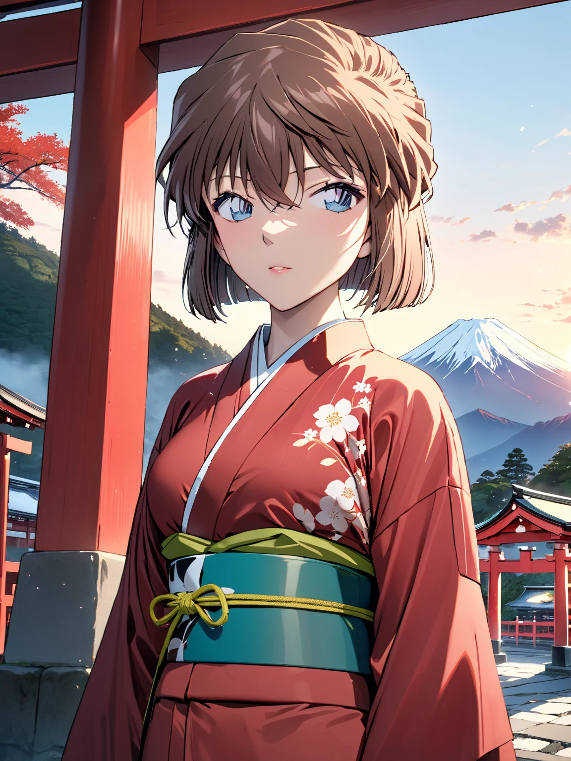 (Haibara Ai),  brown hair, Long-sleeved kimono, first visit of the year to a shrine, shrine, torii,  First Sunrise, Mount Fuji, masterpiece:1.5, masterpiece, highest quality, UHD, retina, masterpiece, accurate anatomy, super detailed, high quality, best quality, 8k