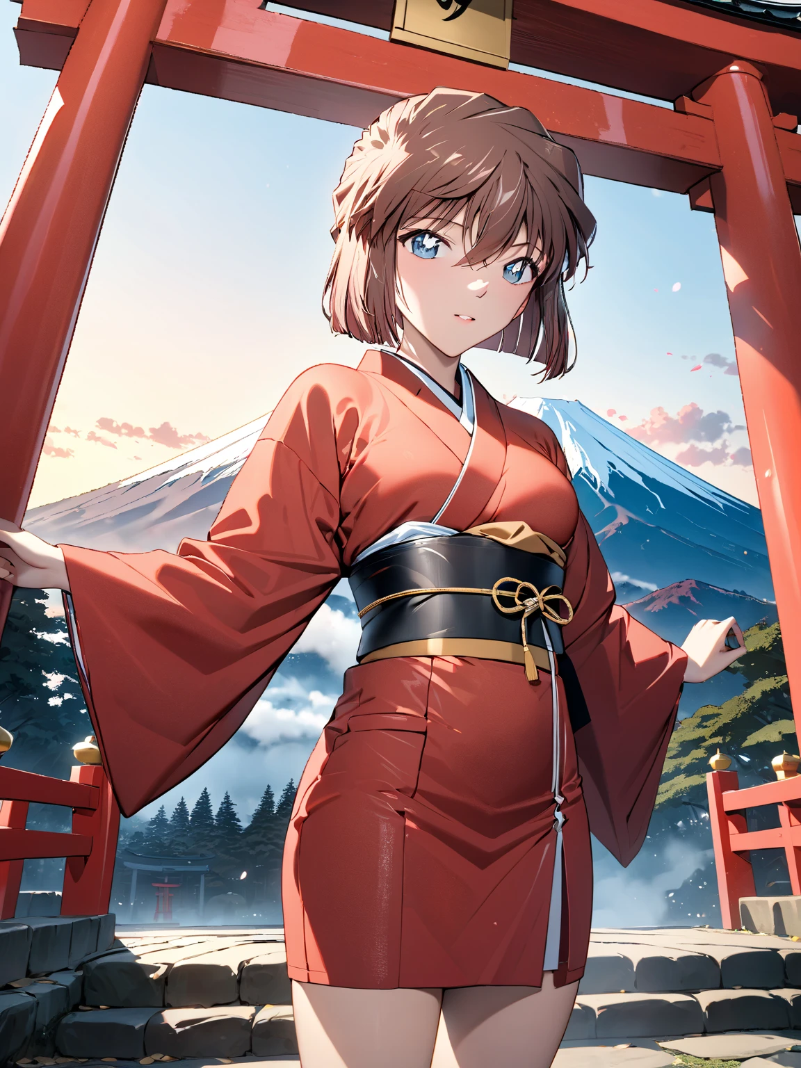 (Haibara Ai),  brown hair, Long-sleeved kimono, first visit of the year to a shrine, shrine, torii,  First Sunrise, Mount Fuji, masterpiece:1.5, masterpiece, highest quality, UHD, retina, masterpiece, accurate anatomy, super detailed, high quality, best quality, 8k