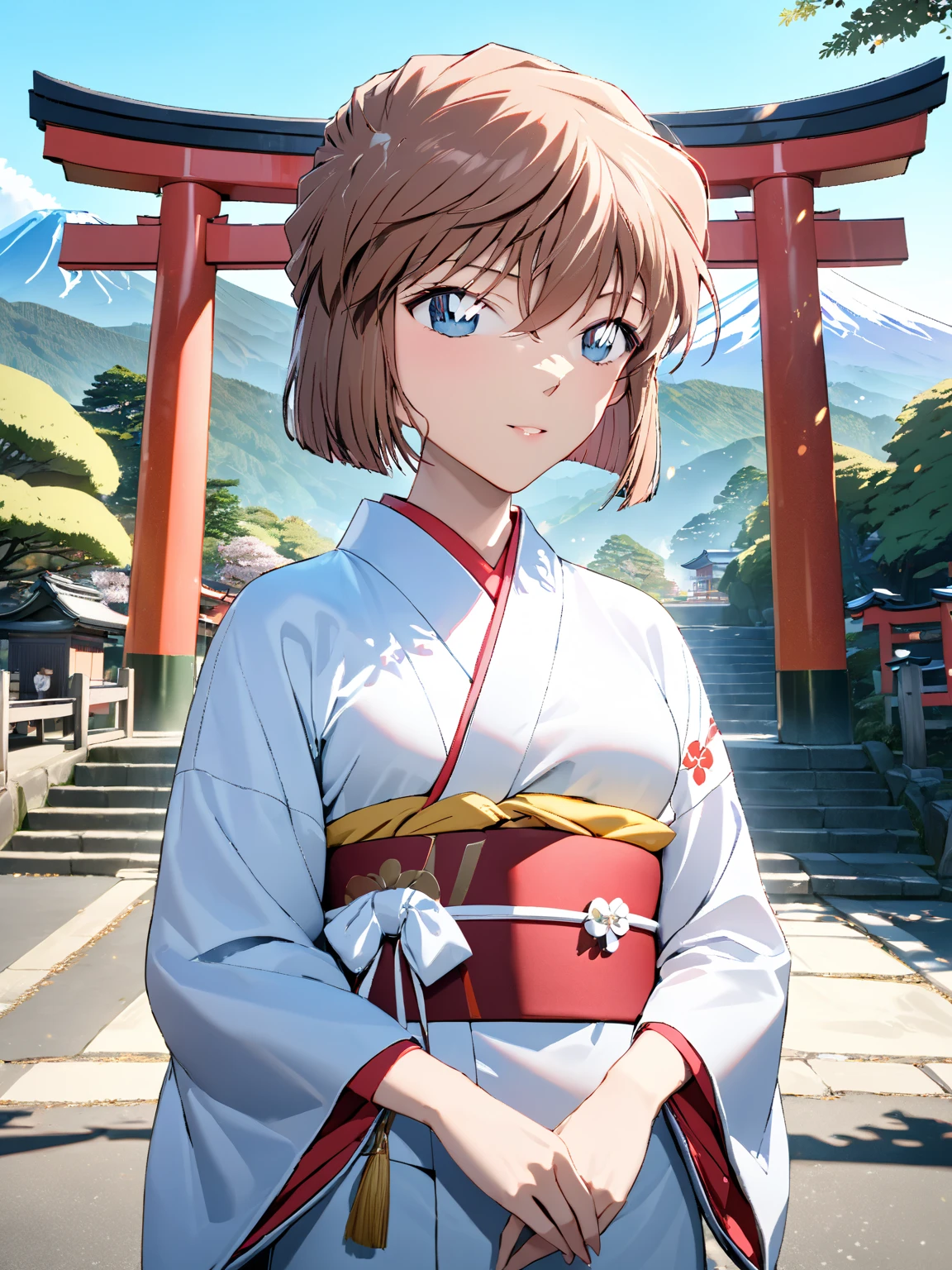 (Haibara Ai),  brown hair, Long-sleeved kimono, first visit of the year to a shrine, shrine, torii,  First Sunrise, Mount Fuji, masterpiece:1.5, masterpiece, highest quality, UHD, retina, masterpiece, accurate anatomy, super detailed, high quality, best quality, 8k