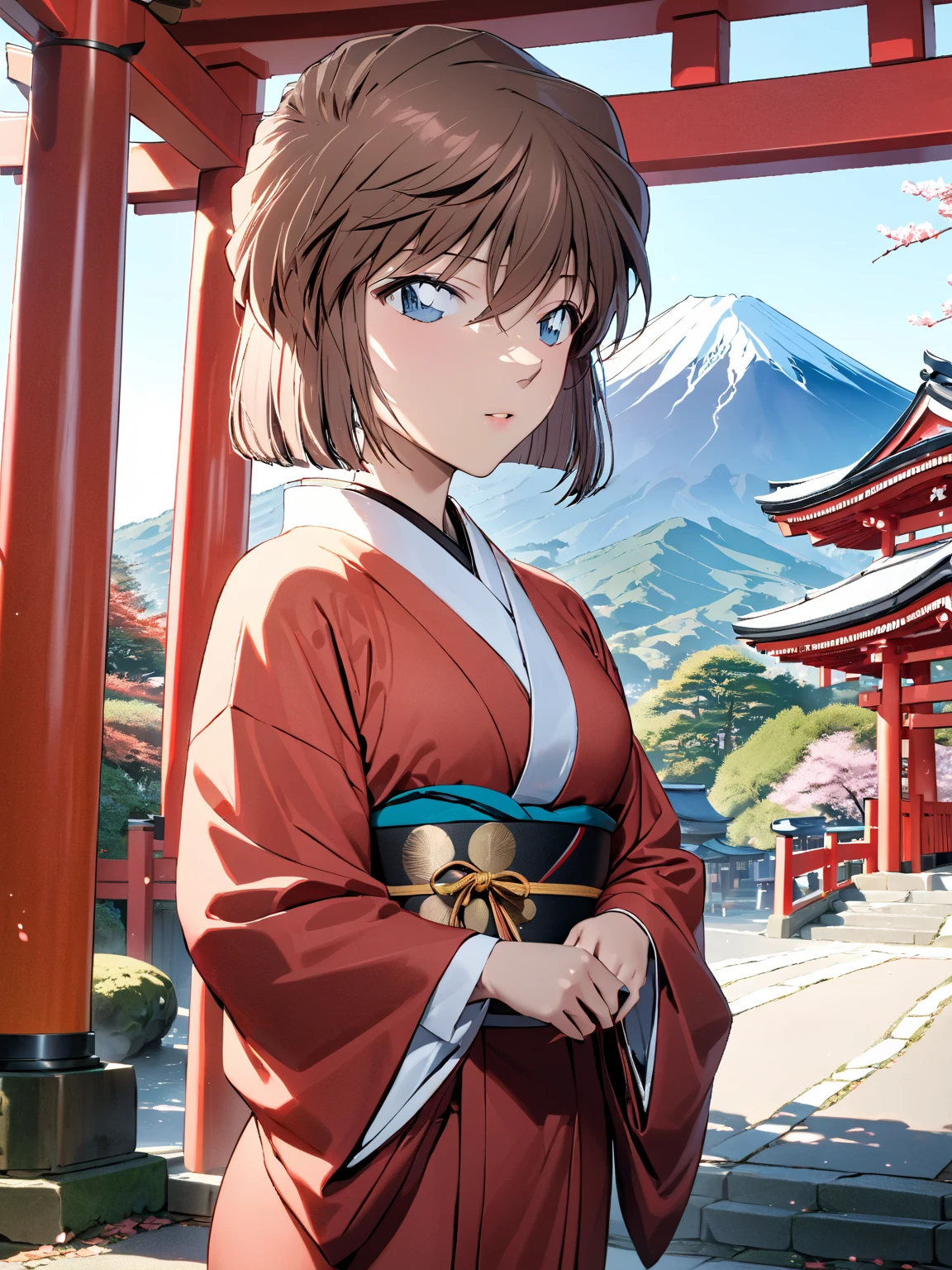 (Haibara Ai),  brown hair, Long-sleeved kimono, first visit of the year to a shrine, shrine, torii,  First Sunrise, Mount Fuji, masterpiece:1.5, masterpiece, highest quality, UHD, retina, masterpiece, accurate anatomy, super detailed, high quality, best quality, 8k