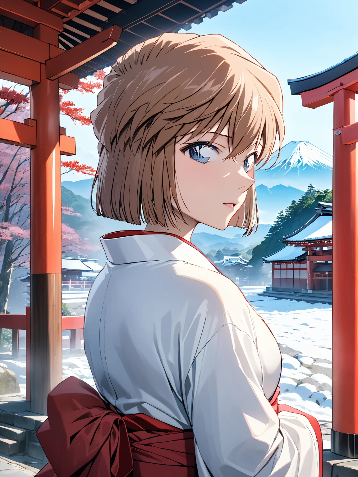 (Haibara Ai),  brown hair, Long-sleeved kimono, first visit of the year to a shrine, shrine, torii,  First Sunrise, Mount Fuji, masterpiece:1.5, masterpiece, highest quality, UHD, retina, masterpiece, accurate anatomy, super detailed, high quality, best quality, 8k