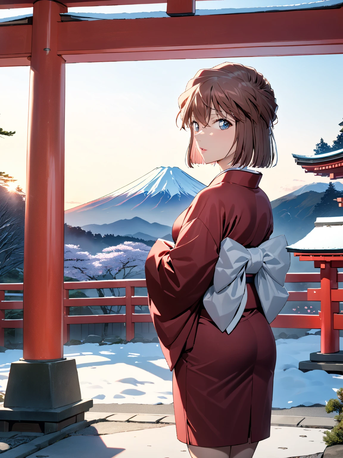 (Haibara Ai),  brown hair, Long-sleeved kimono, first visit of the year to a shrine, shrine, torii,  First Sunrise, Mount Fuji, masterpiece:1.5, masterpiece, highest quality, UHD, retina, masterpiece, accurate anatomy, super detailed, high quality, best quality, 8k