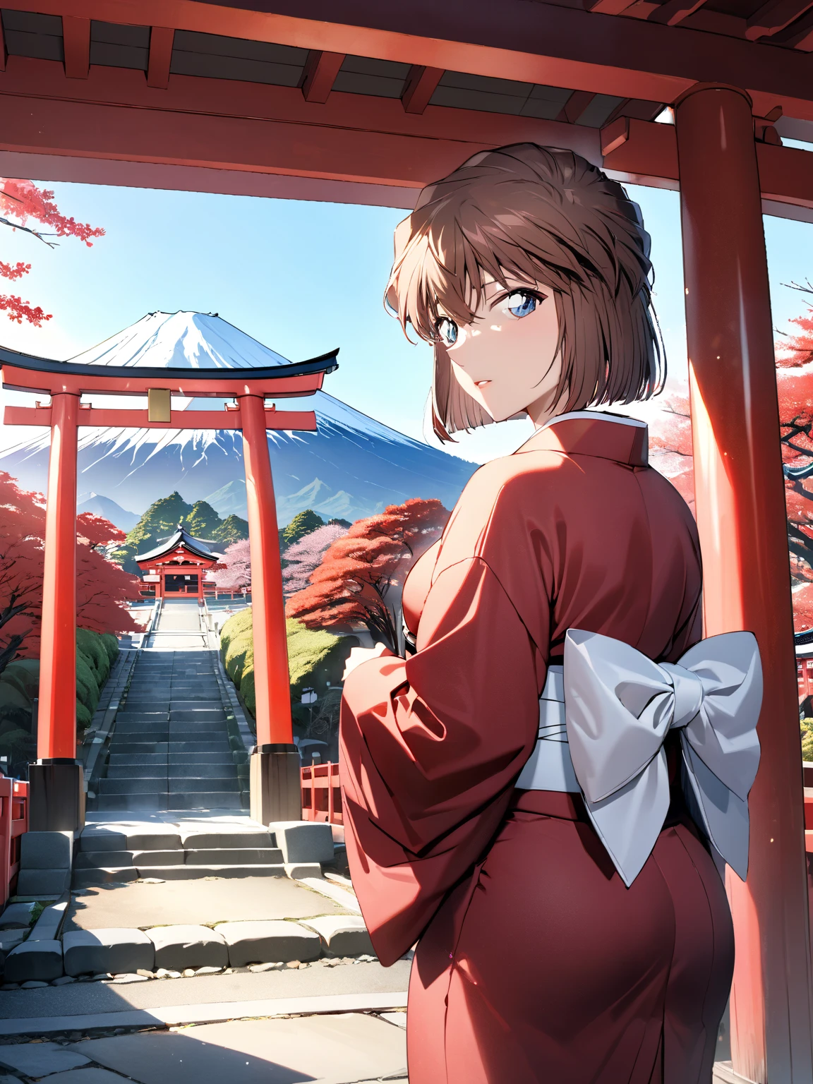 (Haibara Ai),  brown hair, Long-sleeved kimono, first visit of the year to a shrine, shrine, torii,  First Sunrise, Mount Fuji, masterpiece:1.5, masterpiece, highest quality, UHD, retina, masterpiece, accurate anatomy, super detailed, high quality, best quality, 8k