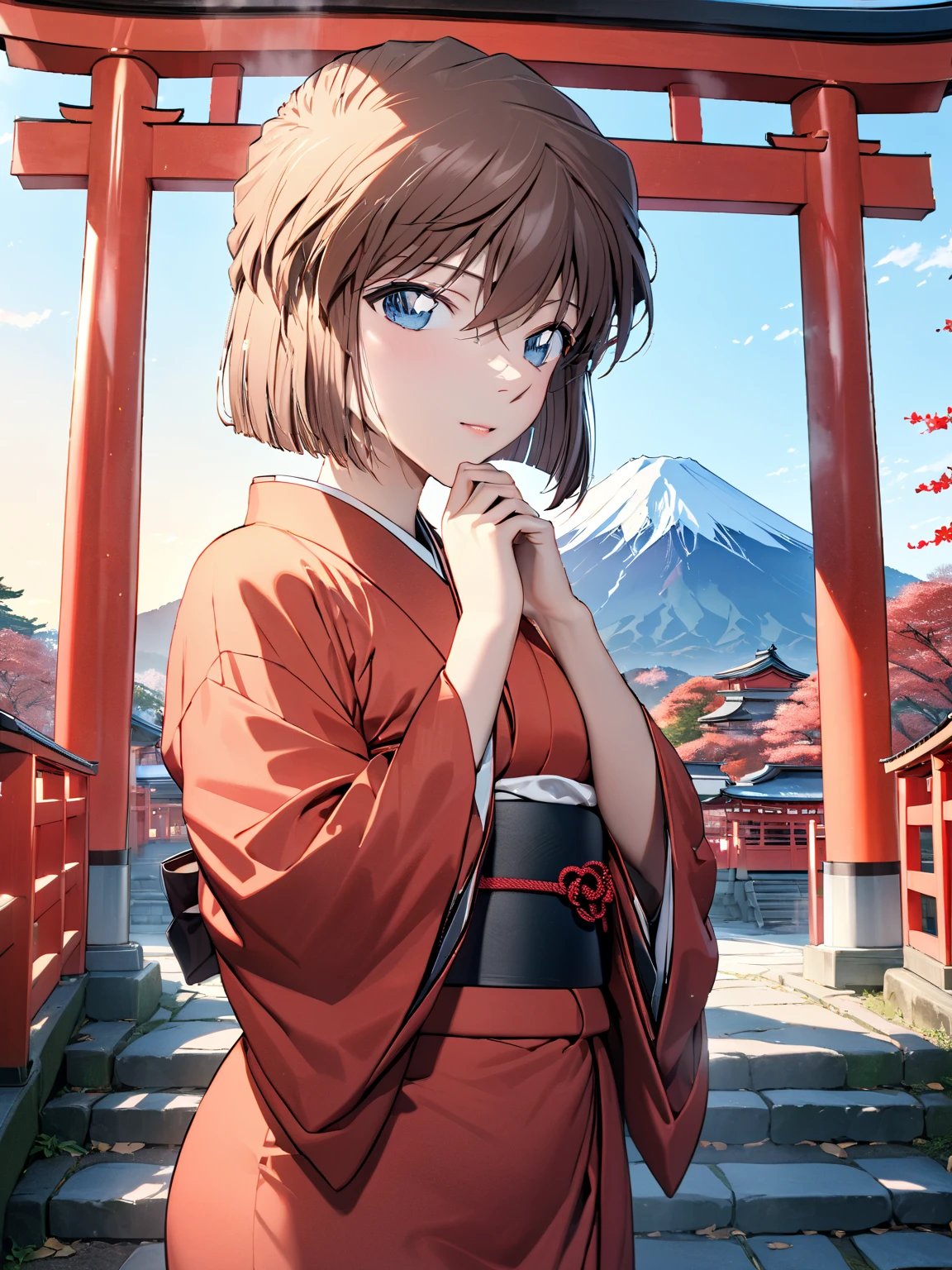 (Haibara Ai),  brown hair, Long-sleeved kimono, first visit of the year to a shrine, shrine, torii,  First Sunrise, Mount Fuji, masterpiece:1.5, masterpiece, highest quality, UHD, retina, masterpiece, accurate anatomy, super detailed, high quality, best quality, 8k