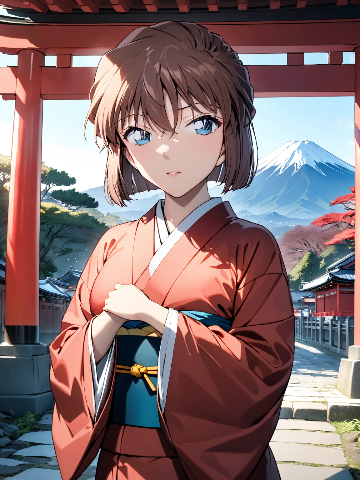 (Haibara Ai),  brown hair, Long-sleeved kimono, first visit of the year to a shrine, shrine, torii,  First Sunrise, Mount Fuji, masterpiece:1.5, masterpiece, highest quality, UHD, retina, masterpiece, accurate anatomy, super detailed, high quality, best quality, 8k