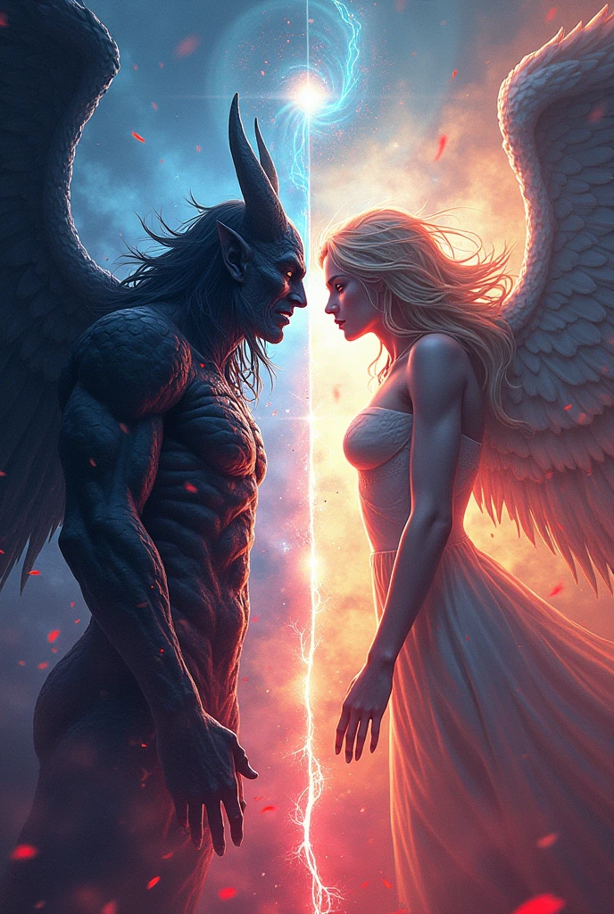 a close up of a woman in a bikini next to a demon, artgerm julie bell beeple, eros and thanatos, beautiful cyborg angel girl, by Anton Fadeev, angel watching demon, rossdraws and boris vallejo, angel versus devil, karol bak and peter mohrbacher, by Aleksi Briclot, devil versus angel
