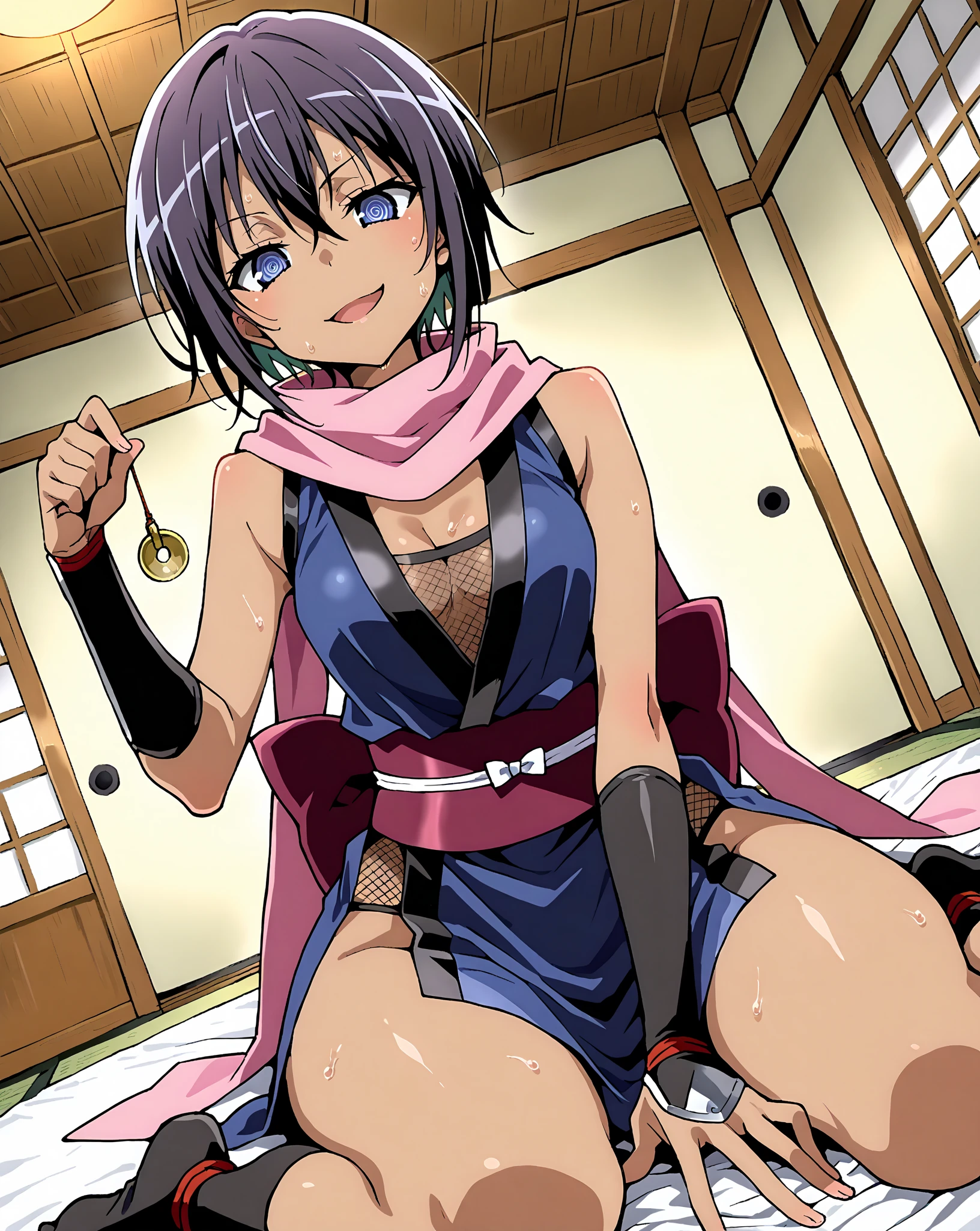 score_9, score_8_up, score_7_up, 1girl,solo, seduce, seductive, looking_down ,kawaii waifu,
breasts, small breasts, maximum 5 fingers, traditional japanese room, she is holding a pendulum in one hand \(hypnotist holding a pendulum\), ((holding pendulum)), holding string, perfect hands, (bare hands), looking at the viewer, hand up, smirk, open mouth, black gloves, view from below, w-sitting, wariza, open legs, masterpiece, high quality, absurd resolution, beautiful hands, ((ninja girl costume)), (fishnet) crop top, pink scarf, cleavage, sleeveless, ((sweaty)), ringed eyes, (dutch angle), TionaHiryute, (dark skin), short hair