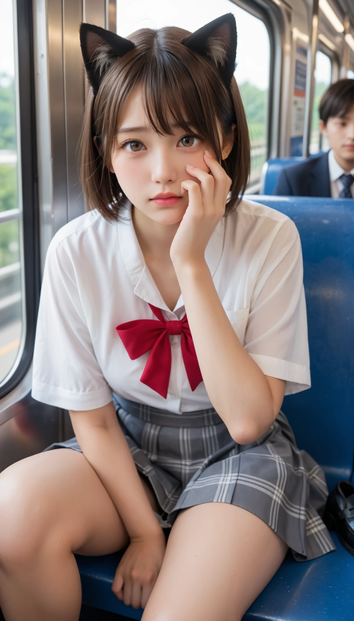 loafers in white, in train, head back, side head, Cat-Eared Girl, short hair, brown eyes, (Japanese Gal), (plain Japanese face ), pov (hand job, grab:1), ejaculate lot of cum, highly detailed skin, best quality, super detailed face, vibrant colors, (Curvaceous body), one girl, Alone, shy and cry and (angry:0.1) and hot and confused, Brown Hair, skirt, white blouse, a red ribbon, sit on train seat, wet seat, beautiful thighs, (embarrassing), cat pose, Shiny thighs, wet micro panties, close up (love juice, pussy juice:1.1),