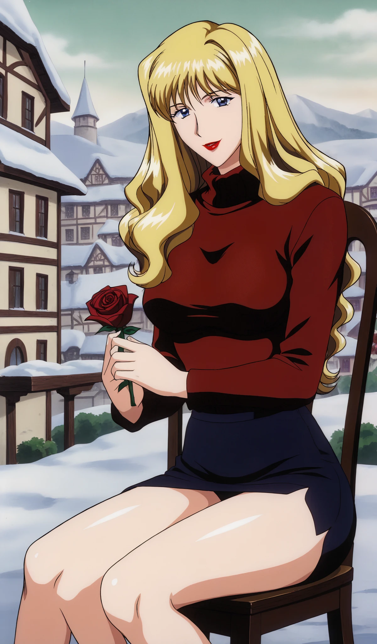 Julia, 1girl, solo, retro artstyle, blonde, long hair, blue eyes, lipstick, red turtleneck sweater, smile, looking at viewer, tall, beautiful body, legs, sit on the chair, holding red rose, snowy village background,