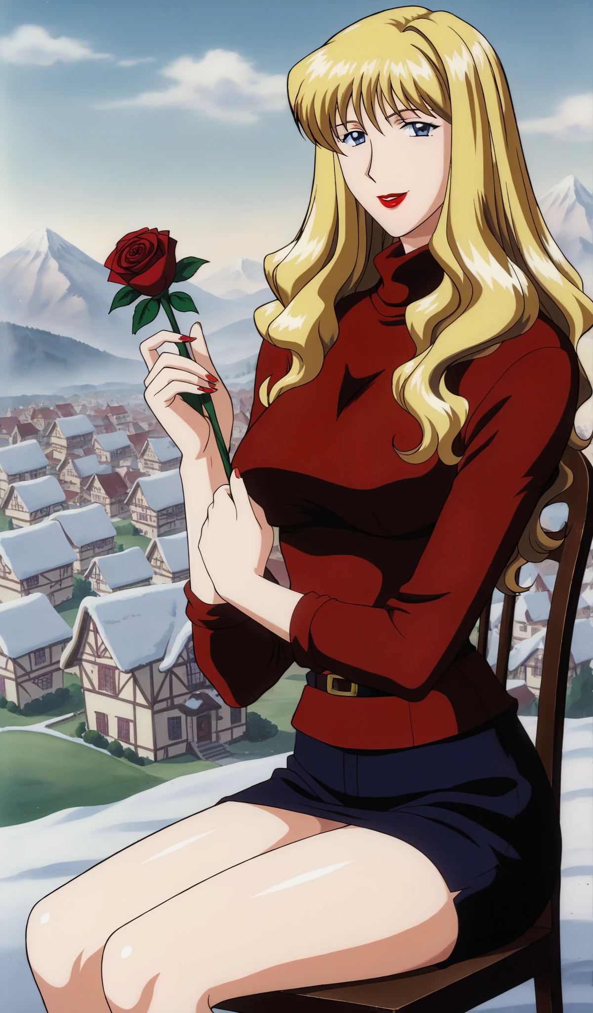 Julia, 1girl, solo, retro artstyle, blonde, long hair, blue eyes, lipstick, red turtleneck sweater, smile, looking at viewer, tall, beautiful body, legs, sit on the chair, holding red rose, snowy village background,