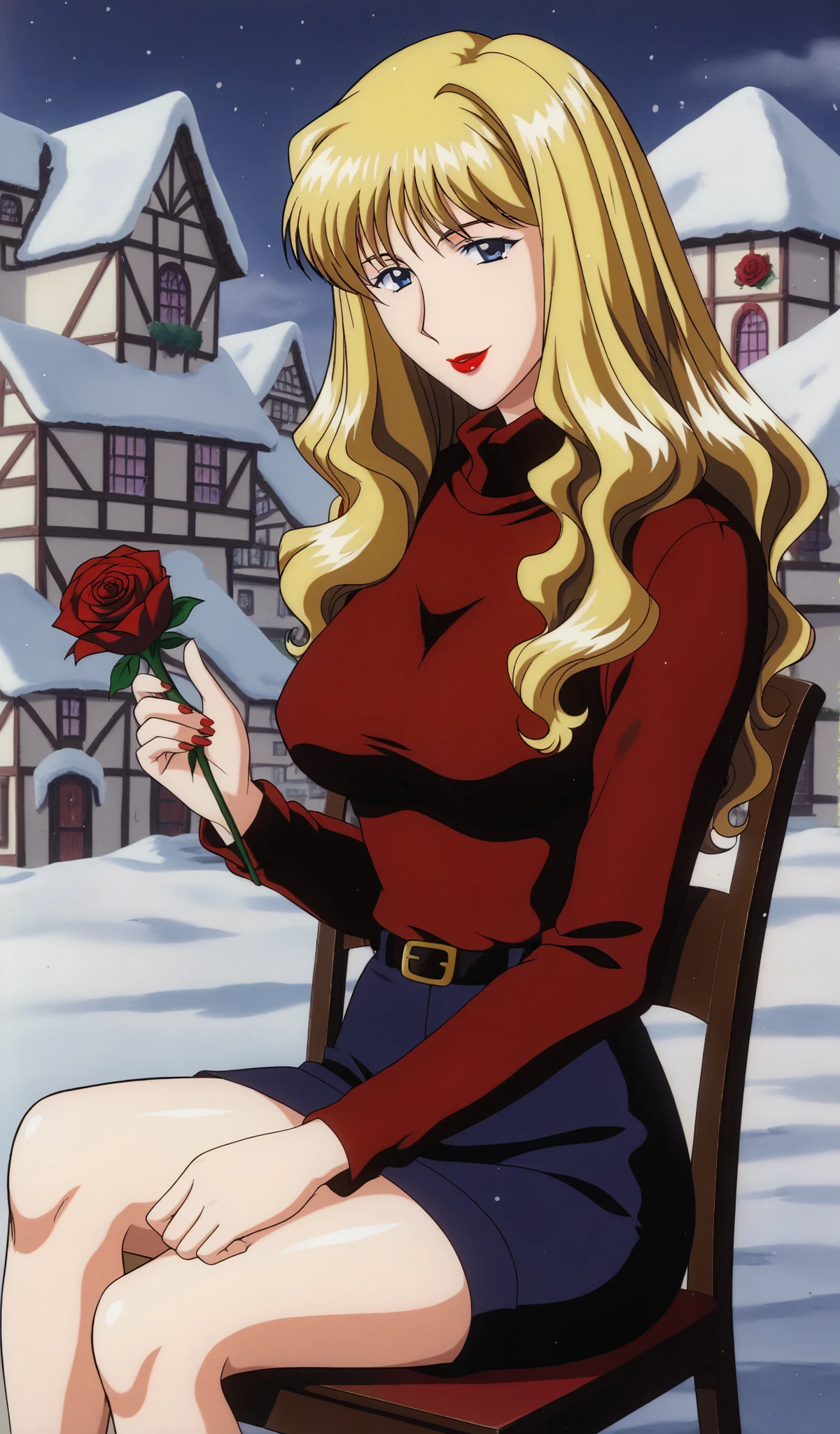 Julia, 1girl, solo, retro artstyle, blonde, long hair, blue eyes, lipstick, red turtleneck sweater, smile, looking at viewer, tall, beautiful body, legs, sit on the chair, holding red rose, snowy village background,