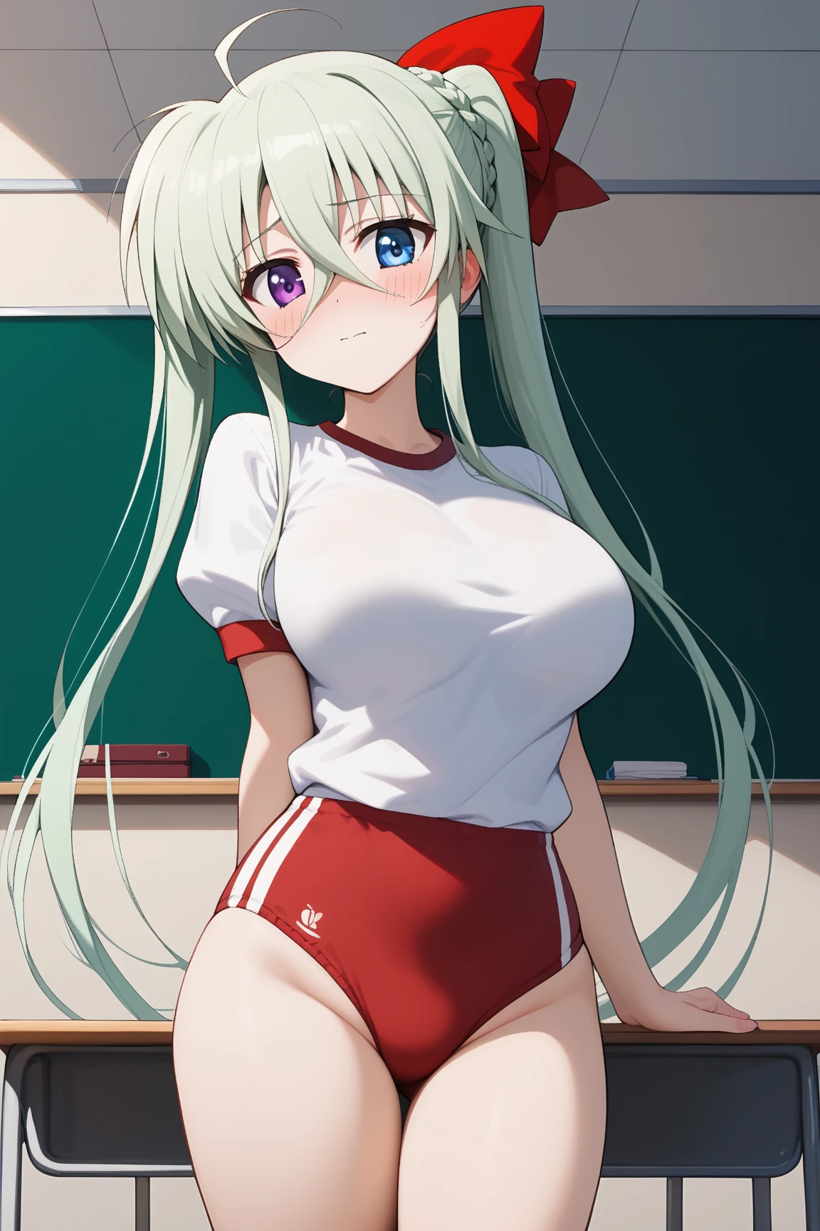 masterpiece,best quality,{{detailed beautiful face and eyes}}, 
Einhard Stratos,long hair,green hair,twintails,red hair ribbon,ahoge,hair between eyes,braided bangs,heterochromia,purple eyes,blue eyes,large breasts,
gym uniform,red buruma, white shirt, short sleeves, thighs,
1girl,(is embarrassing,big blush,closed mouth:1.0),
 ((standing,cowboy shot,looking at viewer:1.2)), 
(classroom:1.0),clothed