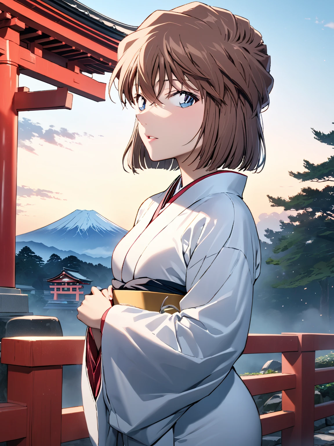 (Haibara Ai),  brown hair, Long-sleeved kimono, first visit of the year to a shrine, shrine, torii,  First Sunrise, Mount Fuji, masterpiece:1.5, masterpiece, highest quality, UHD, retina, masterpiece, accurate anatomy, super detailed, high quality, best quality, 8k