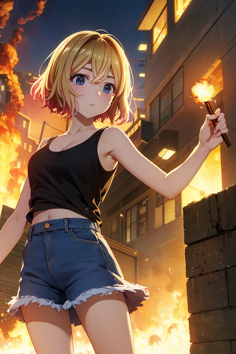 masterpiece, Highest quality anime illustrations, Super detailed,ultra high resolution、perfect lighting single girls, alone, Blonde、medium hair, anime , view at viewer,  cleavage in years、 show me your butt 、 black tank top、 sexy short denim skirt holding a lighted match stick、Black panties、panties pull、at night、 fence、Explosion and Flames 、 Explosion Military Base in Flames、Building on fire