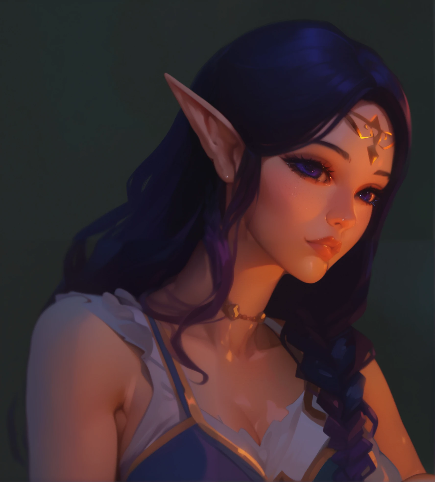 a female elf with long Dark purple Color hair. She has very long hair with these small braids and adornments. Relaxed, slightly sexy dark camp clothing. special eyes, a nice lip shape Dnd artstyle, digital illustration. 8k resolution. Side head shot,  Dnd artstyle, digital art, 8k resolution, stunning. Dnd artstyle, 2 people, digital illustration, brushstrokes, very hot and handome, Dnd arstyle
