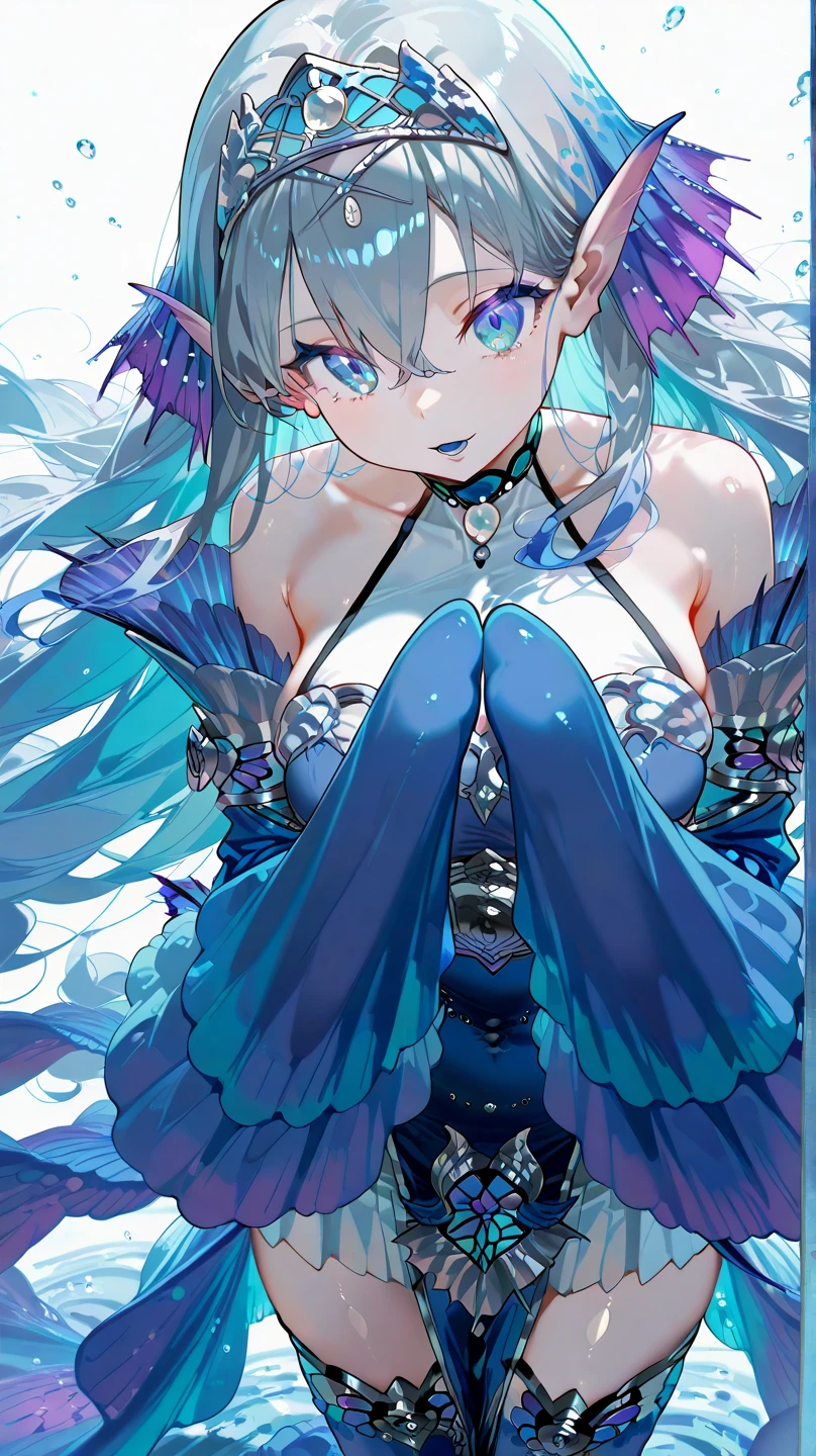 { top quality , masterpiece, high res, anatomically correct , Detailed Fingers , detailed hands ,Detailed legs, detail eyes:1.5}, {tearlaments kitkallos,blue dress,silver tiara,blue detached sleeves,sleeves past wrists,mermaid,sleeves past wrists,blue mouth}, simple white background,  dynamic pose,  cowboy shot,  from your hand and direct your gaze, 