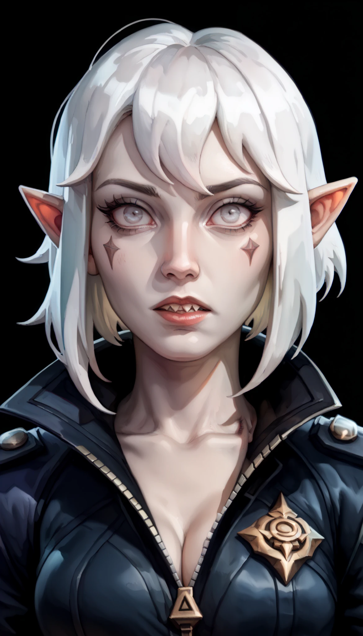 one woman, briar from league of legends, (pale skin, grey skin:1.3), pointy ears, sharp teeth, (pale eyes:1.2), white hair, straight bangs, (upper body:1.3), (black background, clear background:1.5), (black military jacket:1.2), (studio lights, deep shadows:1.3), (curious face:1.2), (big chest:1.2)