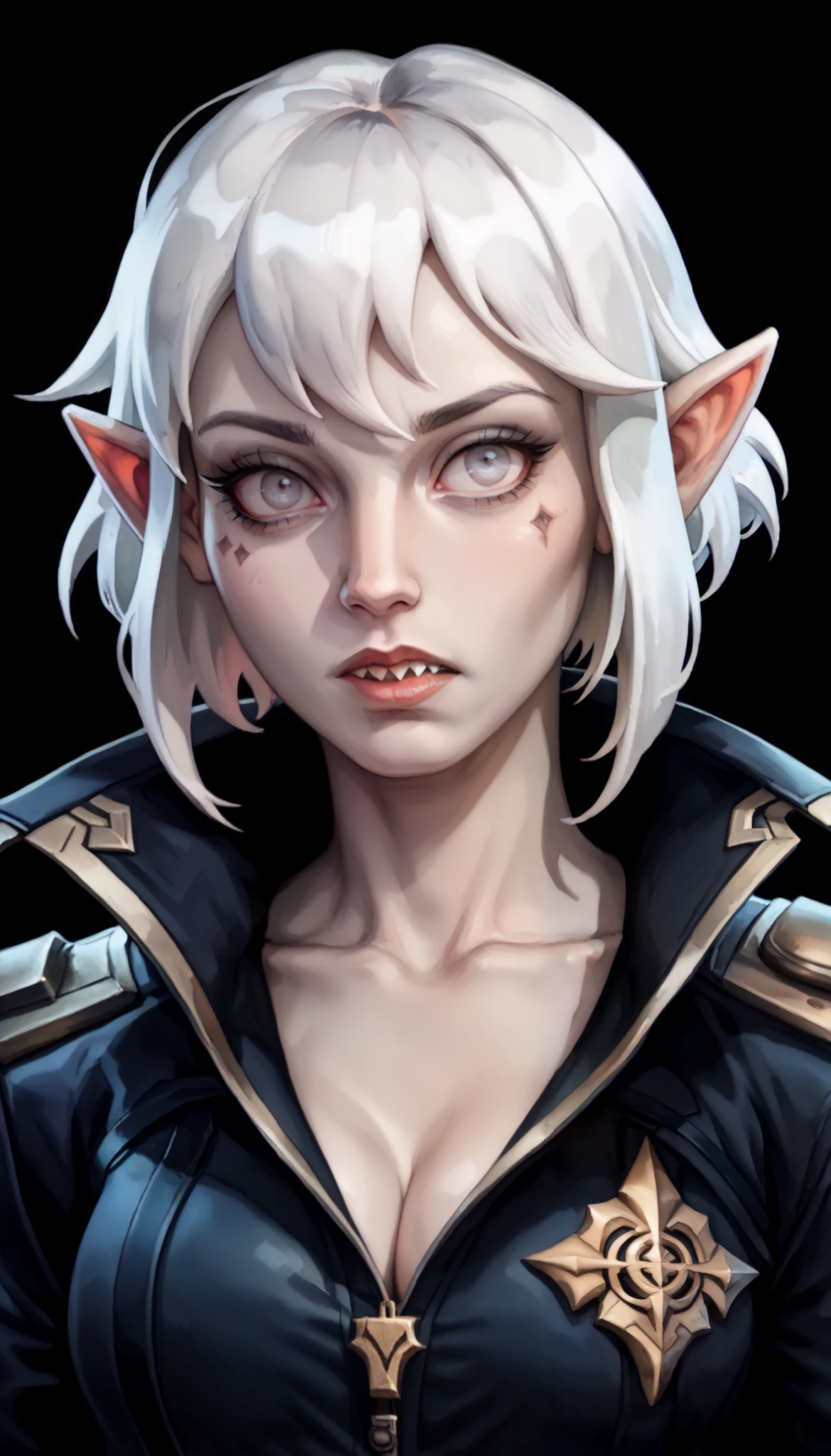one woman, briar from league of legends, (pale skin, grey skin:1.3), pointy ears, sharp teeth, (pale eyes:1.2), white hair, straight bangs, (upper body:1.3), (black background, clear background:1.5), (black military jacket:1.2), (studio lights, deep shadows:1.3), (curious face:1.2), (big chest:1.2)