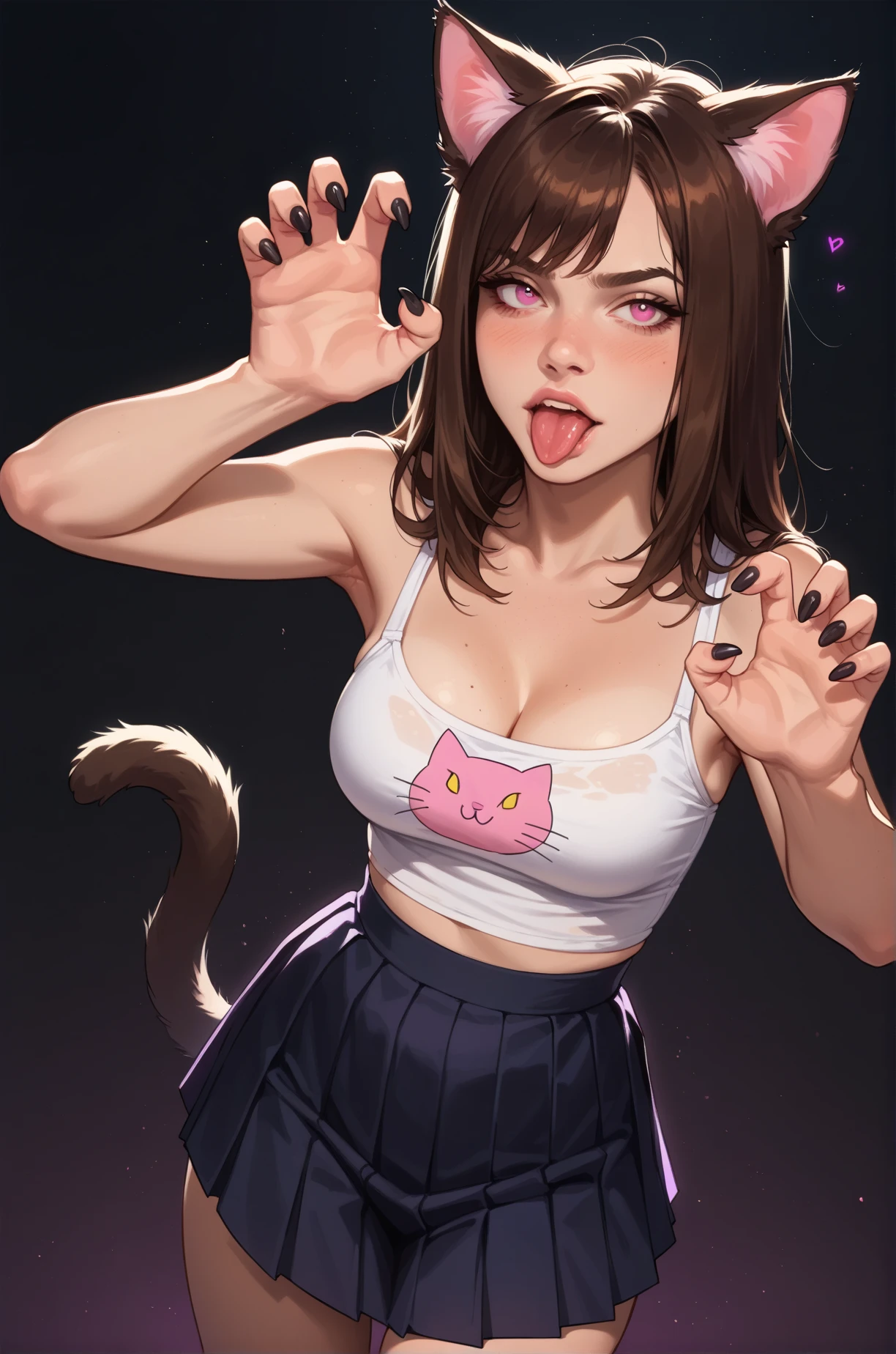 score_9, score_8_up, score_7_up, cartoon of a girl, solo, sexy, slutty, annoying, pink eyes, brown hair, straight hair, cat ears, pink pleated skirt, loose croptop, medium breast, cleavage, black fingernails, claw pose, sticking out her tongue, moody, dynamic angle, dark, bright purple, lighting, purple neon grading, dark background